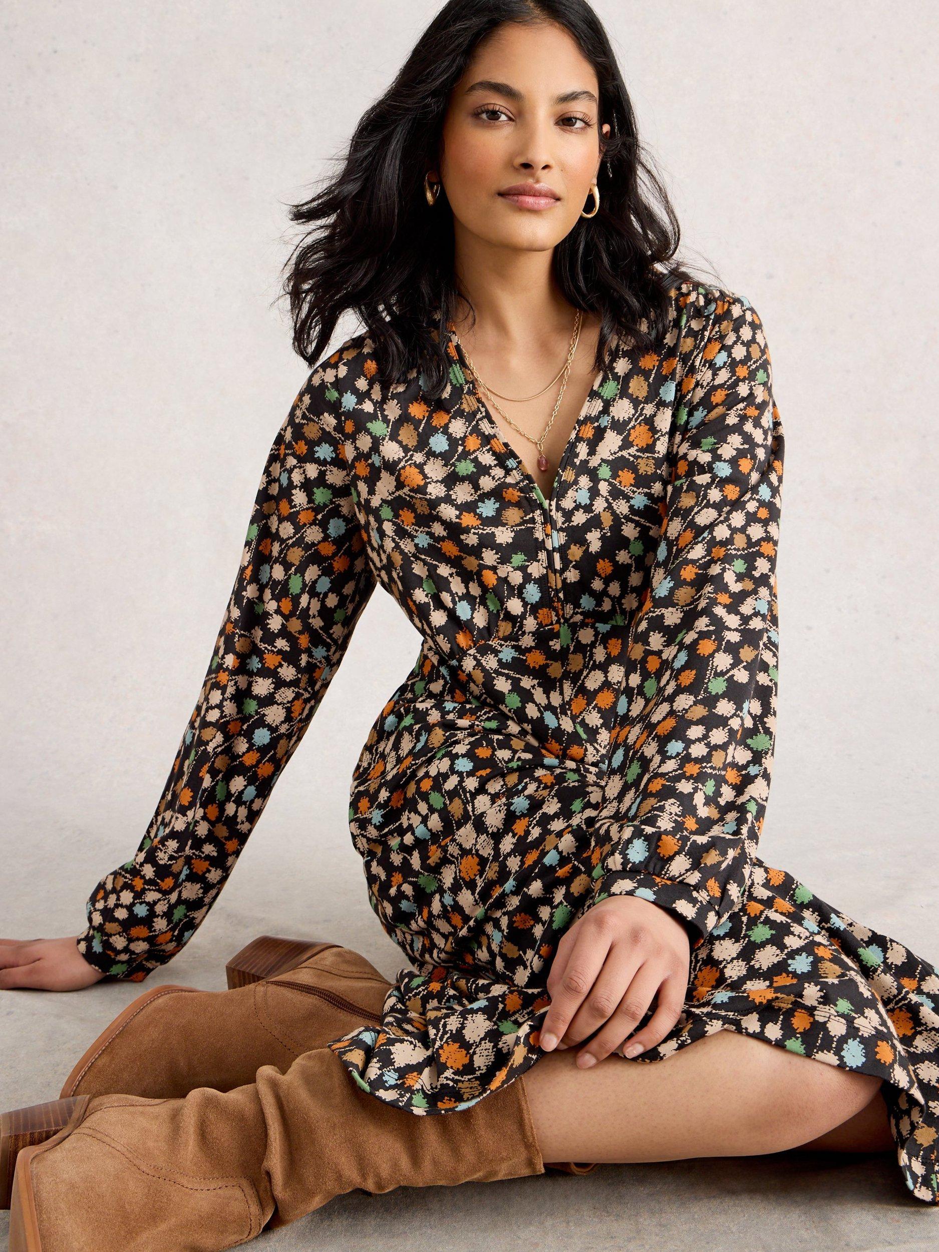 Product image 4 of 6, which shows White Stuff Megan Abstract Spot Jersey Dress, Black/Multi, 6