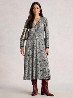 White Stuff Megan Cotton Blend Floral A Line V Neck Dress, Black/Multi