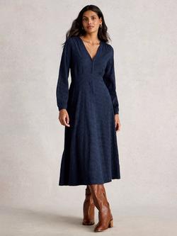White Stuff Megan Cotton Blend Long Sleeve V Neck Midi Dress, Dark Navy