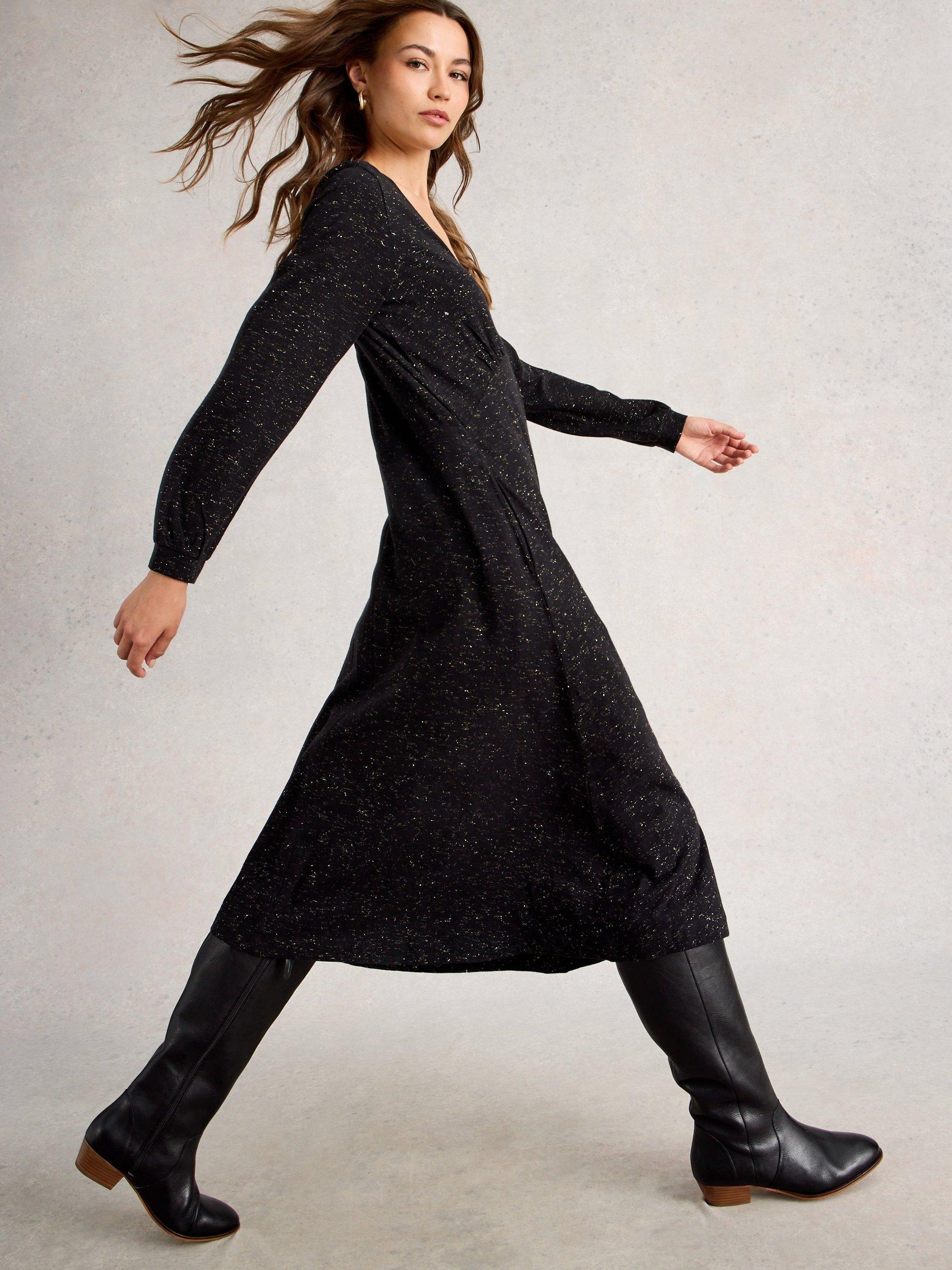 Product image 4 of 6, which shows White Stuff Megan A-Line Sparkle Jersey Midi Dress , Pure Black, 6