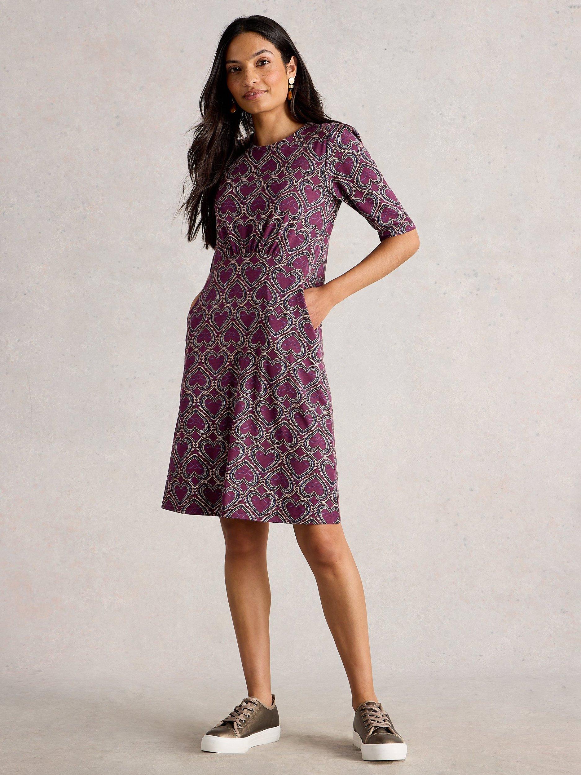Product image 1 of 6, which shows White Stuff Olivia Heart Jersey Dress, Plum/Multi, 6