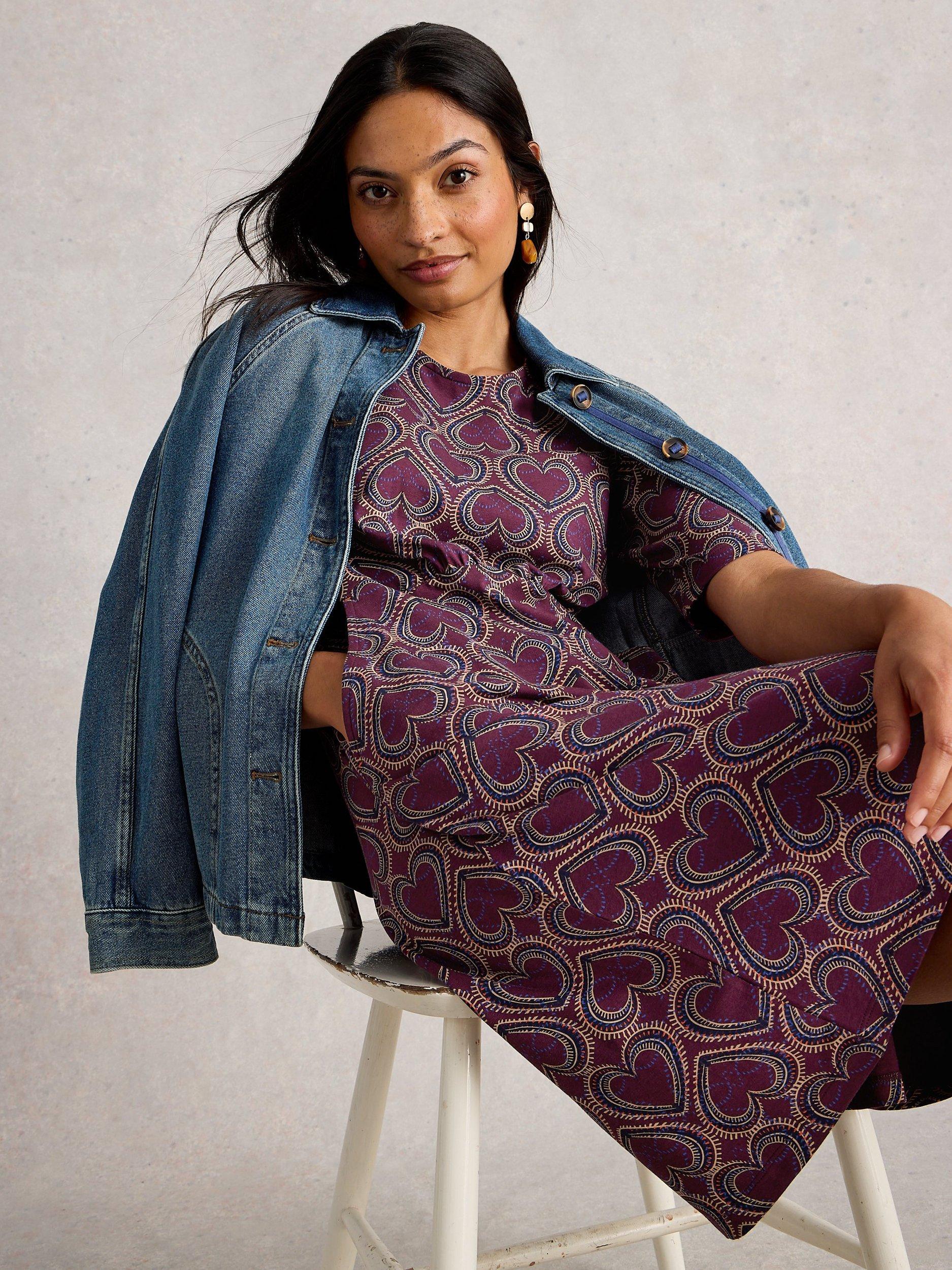 Product image 4 of 6, which shows White Stuff Olivia Heart Jersey Dress, Plum/Multi, 6