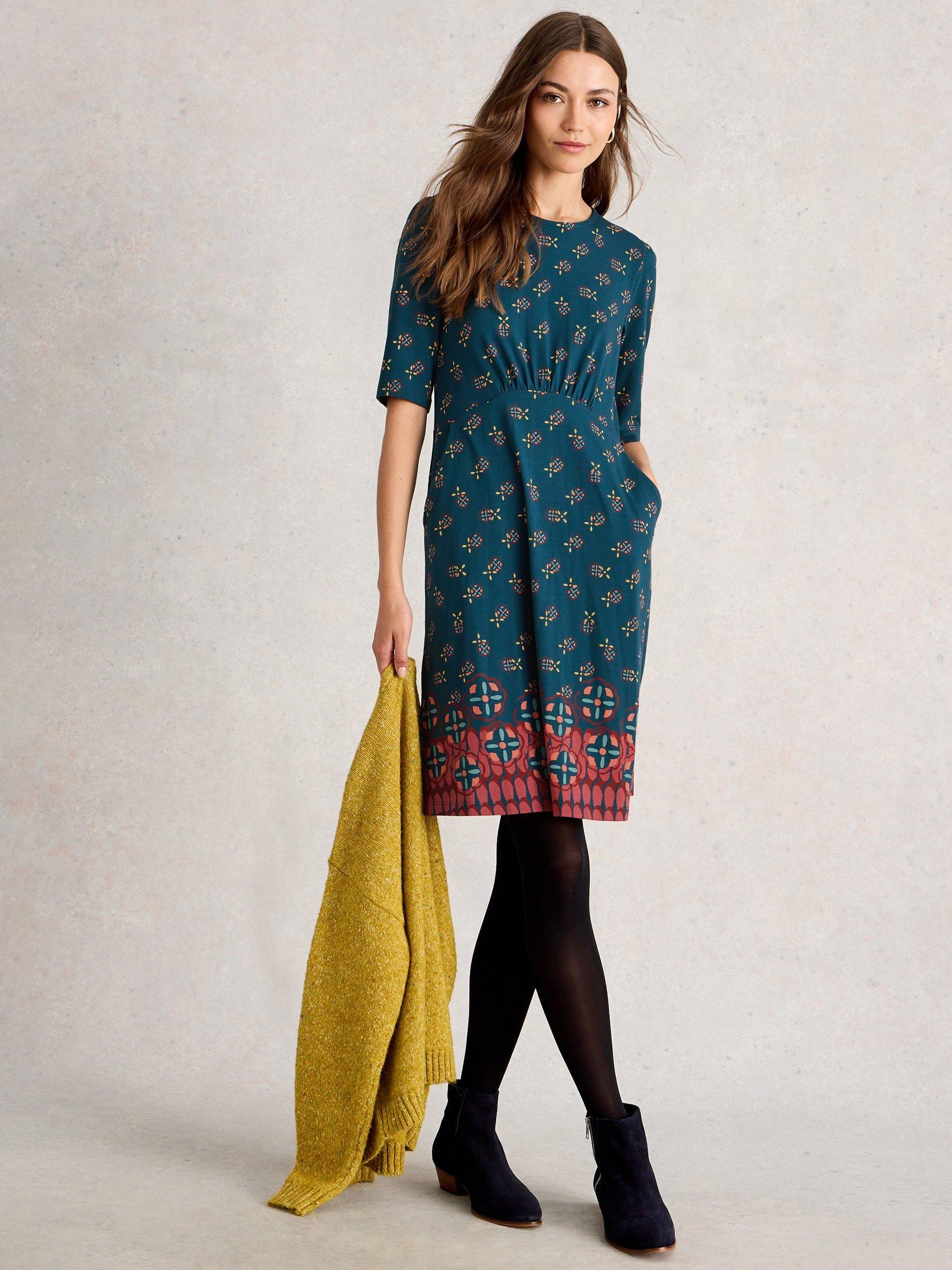 Product image 1 of 6, which shows White Stuff Olivia Cotton Blend Straight Jersey Dress , Teal, 16
