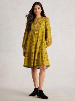 White Stuff Orla Cotton Long Sleeve V Neck Tunic Dress, Yellow/Multi