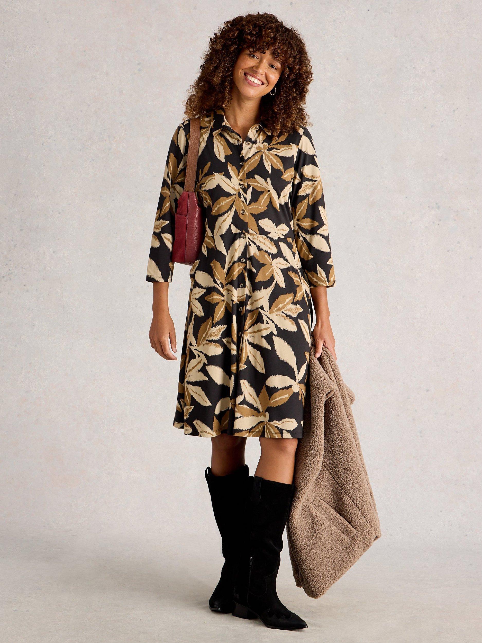 Product image 1 of 6, which shows White Stuff Ria Leaves Shirt Dress, Black/Multi, 6