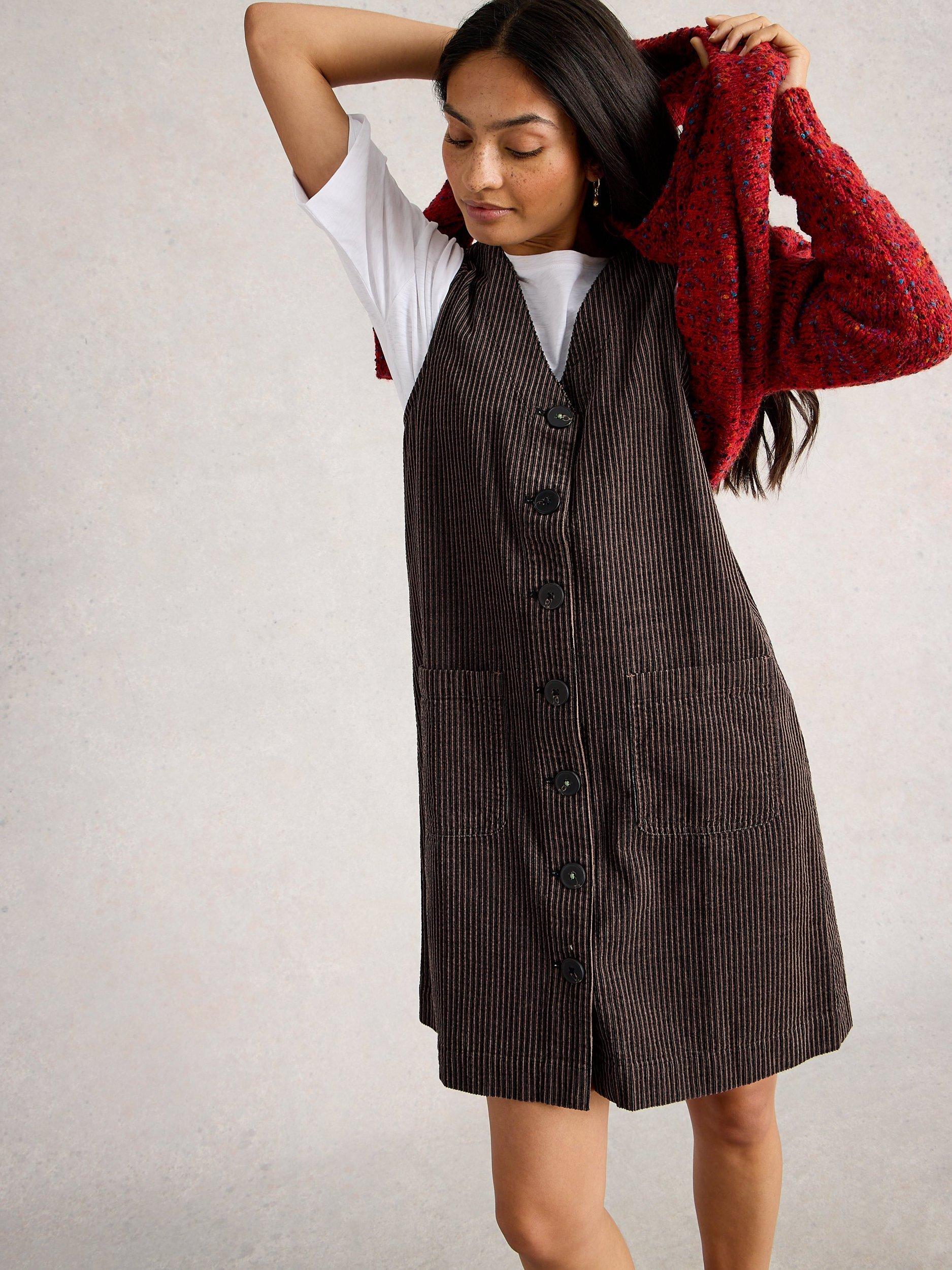 Product image 4 of 6, which shows White Stuff Rose Corduroy Pinafore Dress, Black/Multi, 10