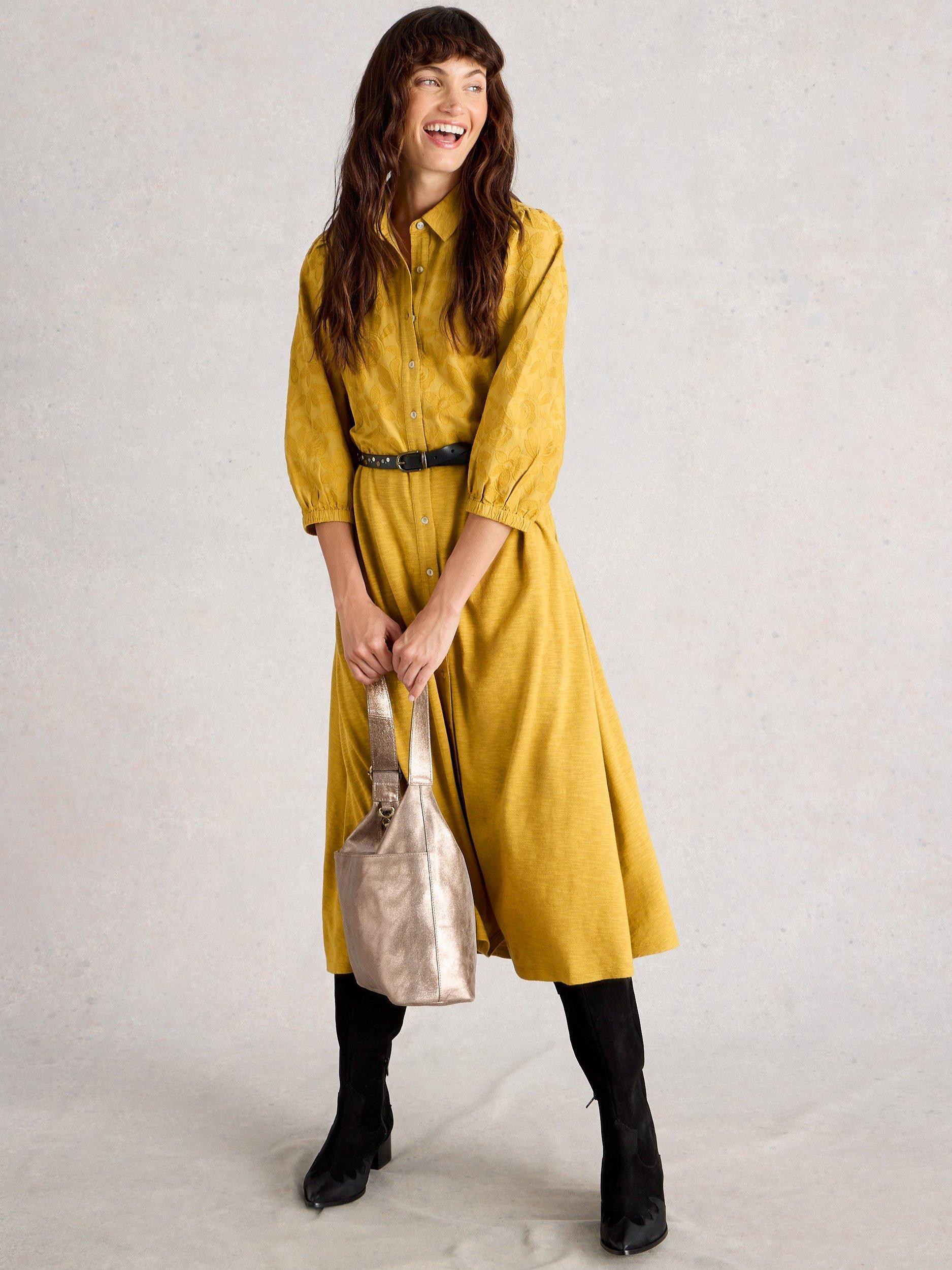 Product image 1 of 6, which shows White Stuff Rua Embroidered Jersey Midi Dress, Mid Chartreuse, 6