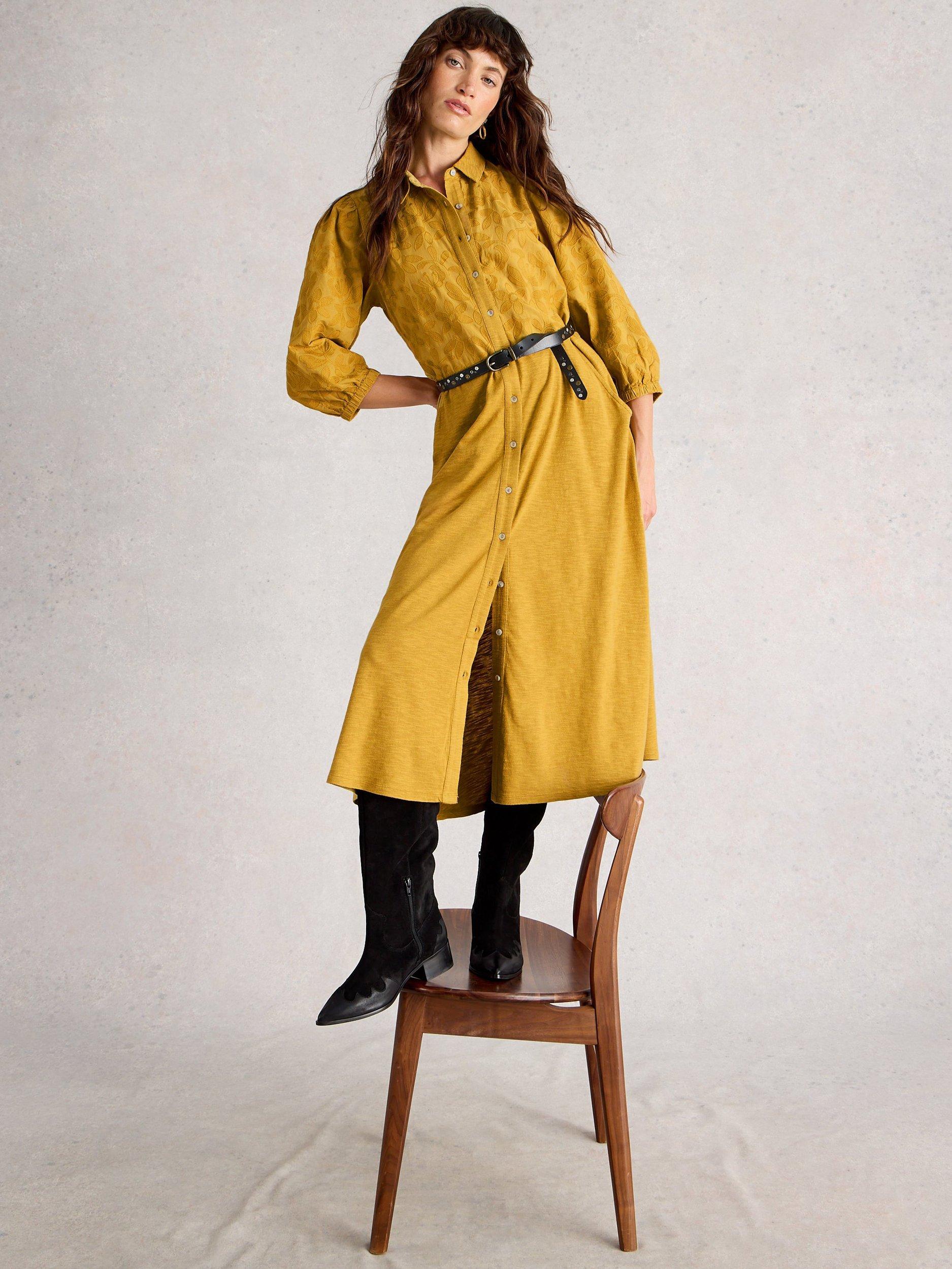 Product image 4 of 6, which shows White Stuff Rua Embroidered Jersey Midi Dress, Mid Chartreuse, 6