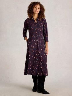 White Stuff Rua Cotton Blend Jersey Midi Shirt Dress, Navy/Multi