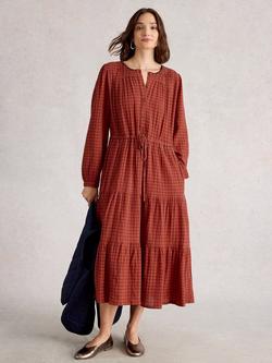 White Stuff Tasha Cotton Check Long Sleeve V Neck Midi Dress, Red/Multi