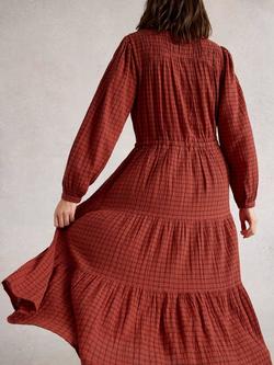 White Stuff Tasha Cotton Check Long Sleeve V Neck Midi Dress - view 2, Red/Multi