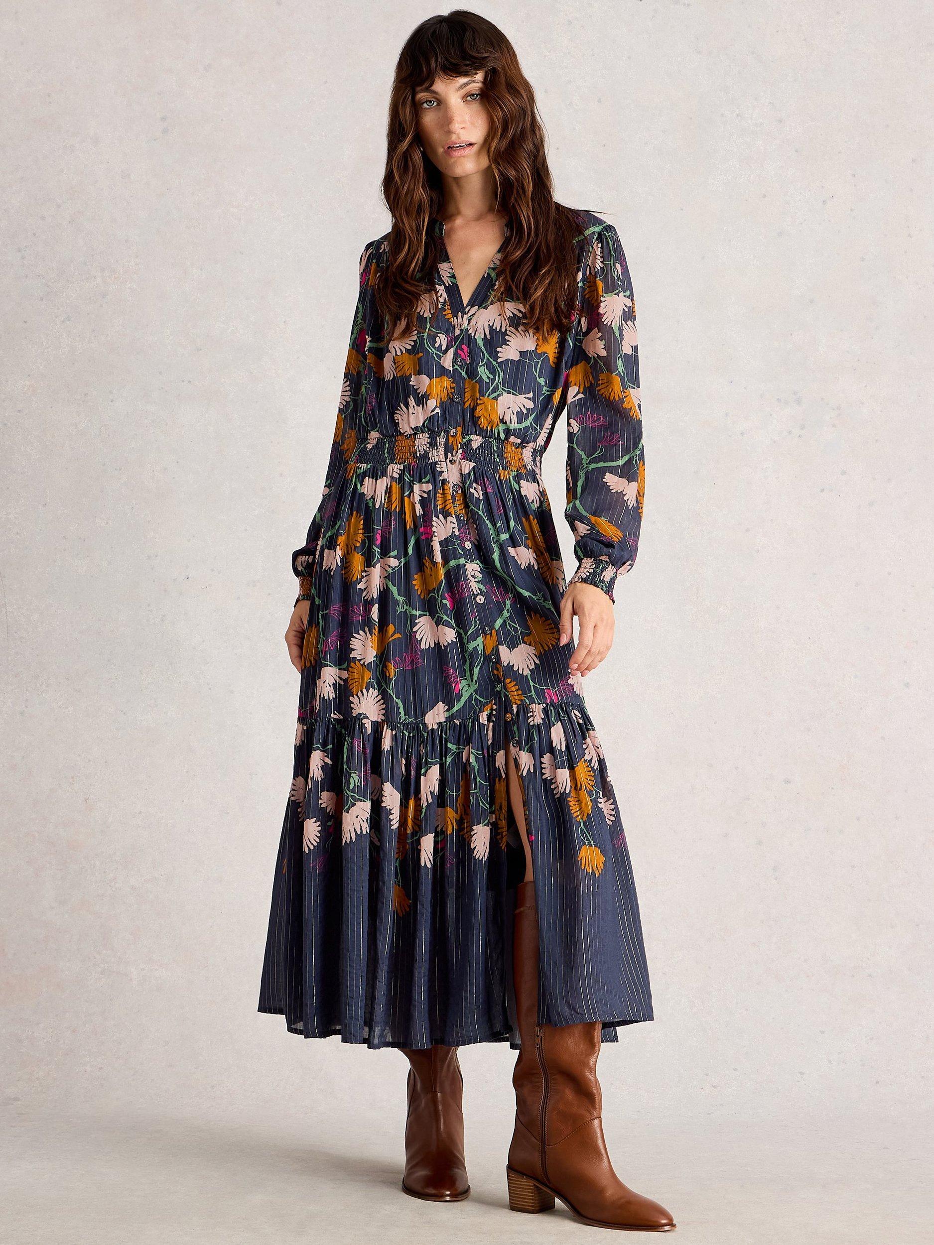 Product image 1 of 6, which shows White Stuff Yuki Floral Metallic Midi Dress, Navy/Multi, 6