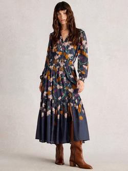 White Stuff Yuki Floral Metallic Midi Dress, Navy/Multi, Navy/Multi