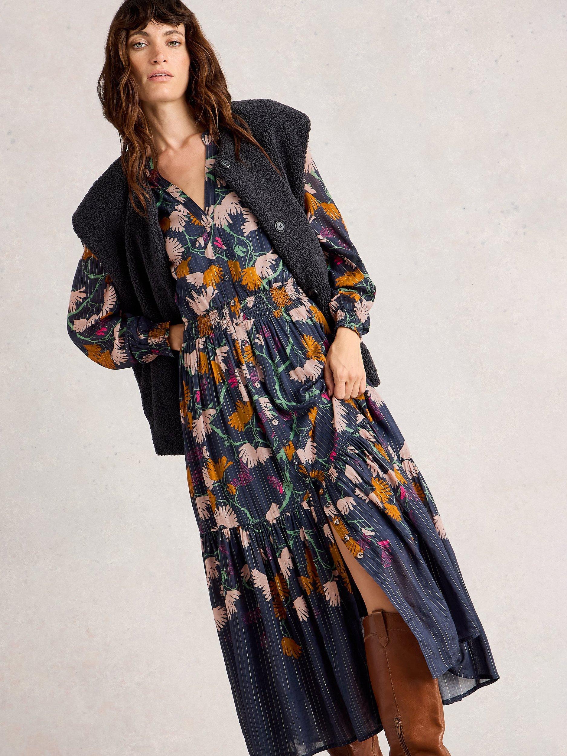 Product image 3 of 6, which shows White Stuff Yuki Floral Metallic Midi Dress, Navy/Multi, 6