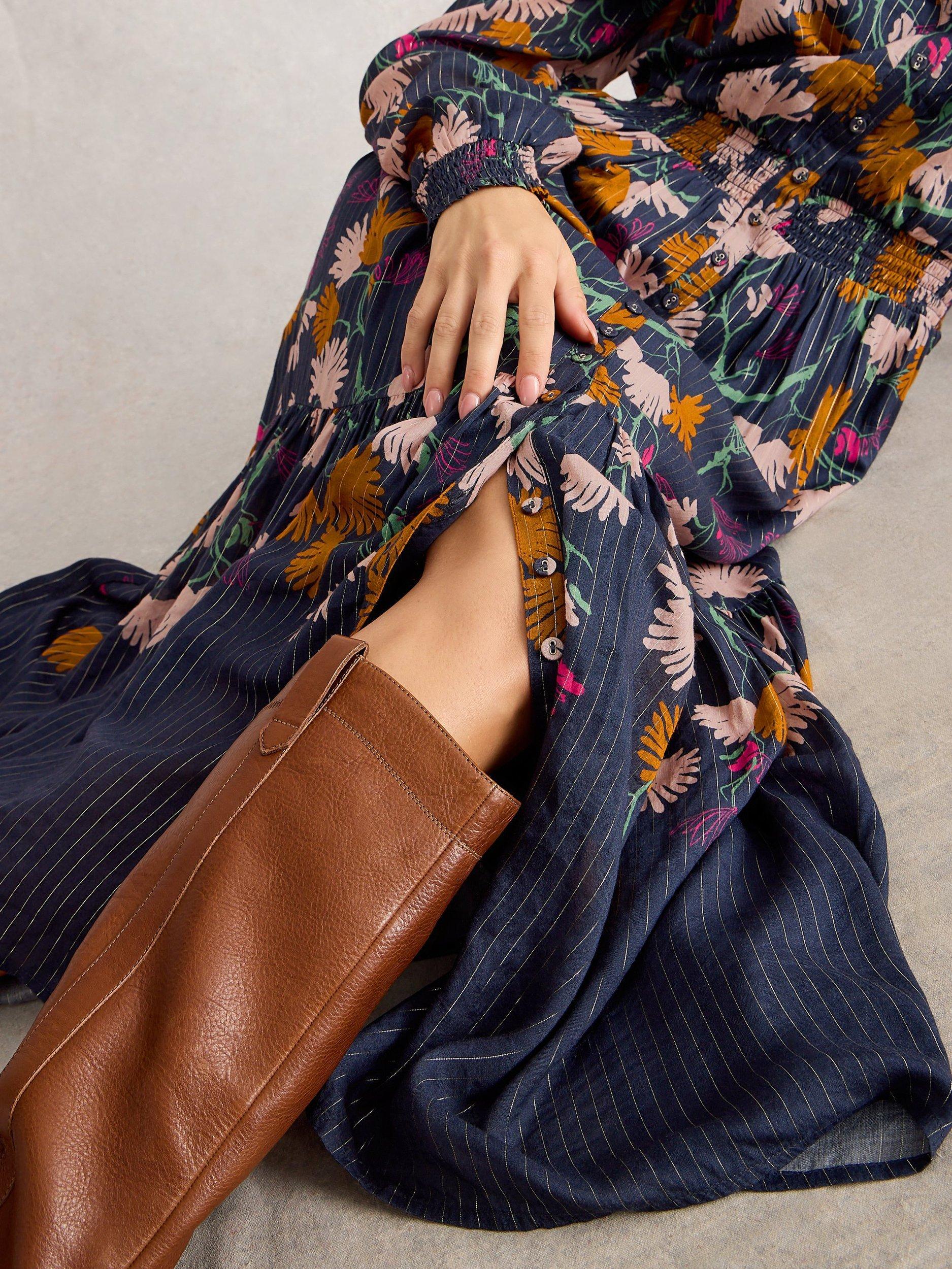 Product image 4 of 6, which shows White Stuff Yuki Floral Metallic Midi Dress, Navy/Multi, 6