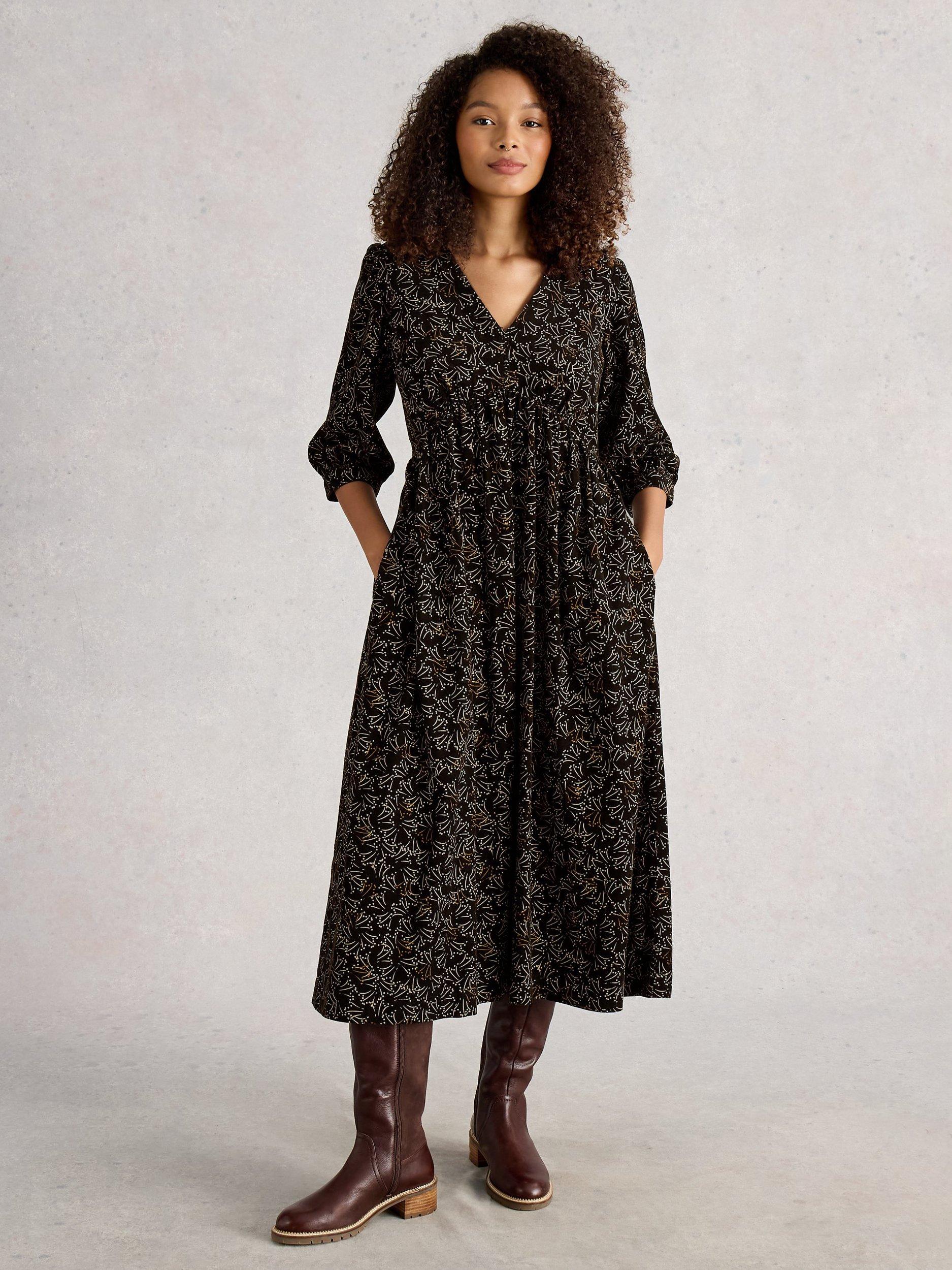 Product image 1 of 6, which shows White Stuff Lucy A-Line Corduroy Midi Dress , Black/Multi, 8