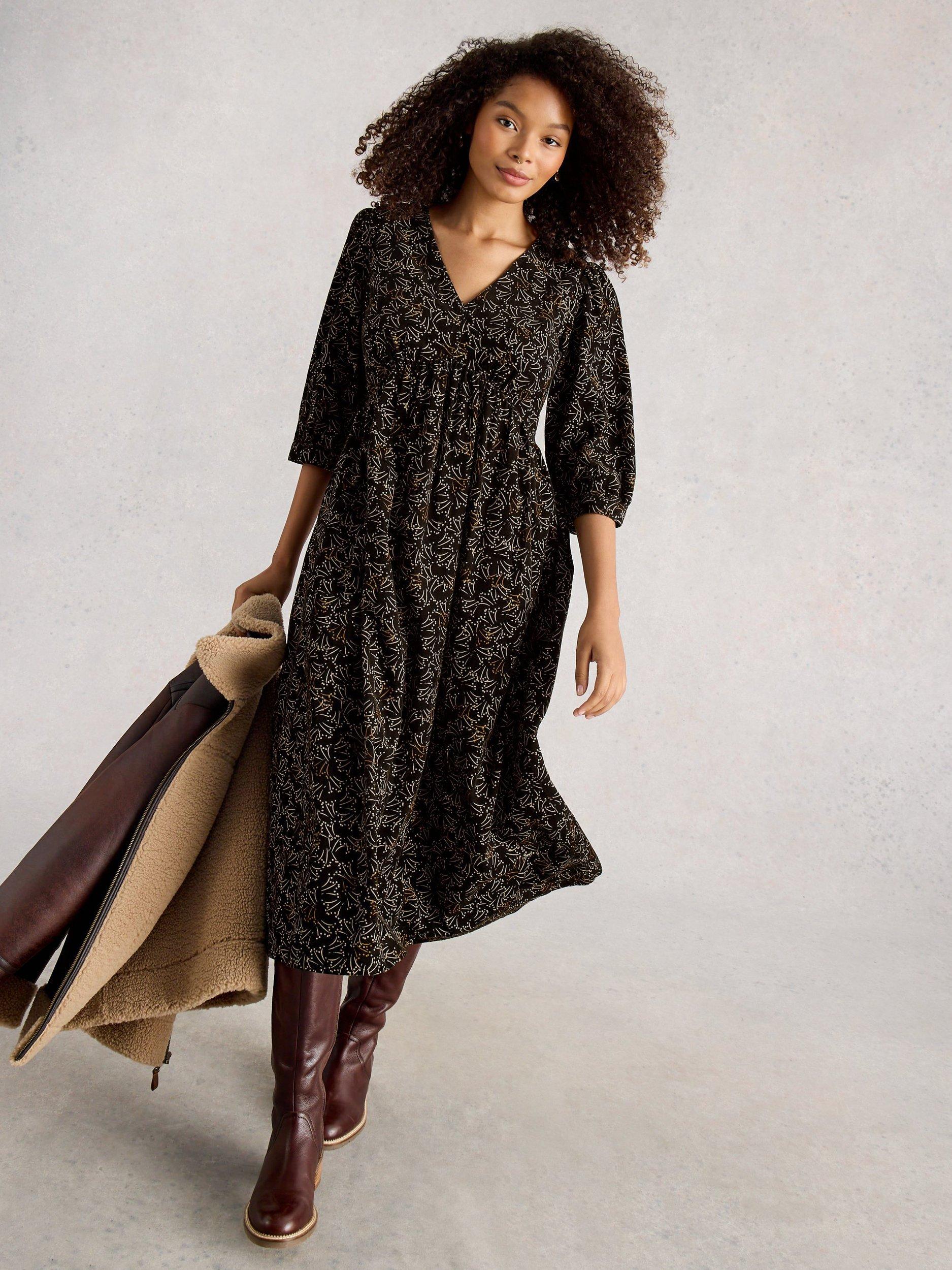 Product image 4 of 6, which shows White Stuff Lucy A-Line Corduroy Midi Dress , Black/Multi, 8