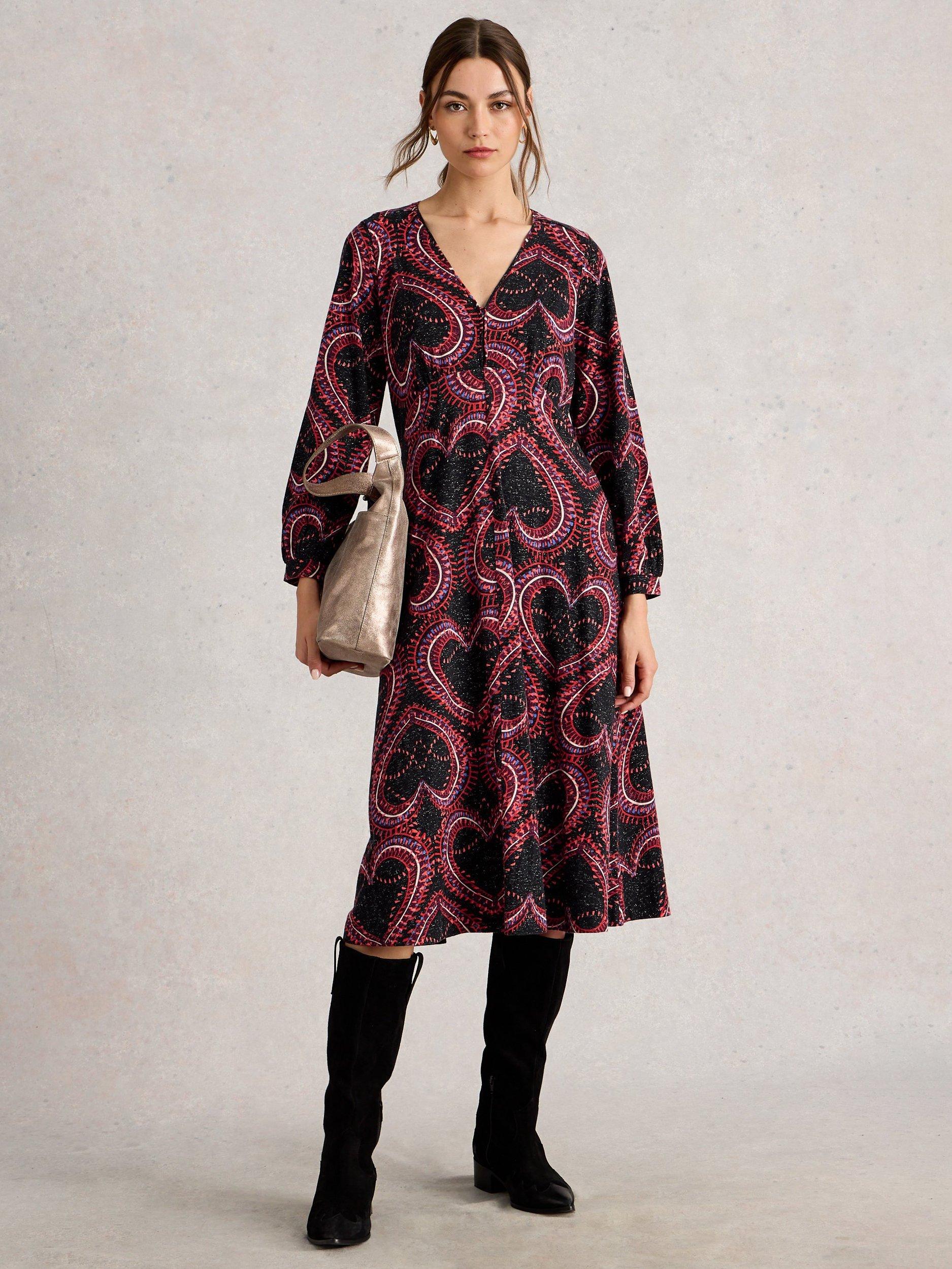 Product image 1 of 6, which shows White Stuff Sparkled Heart Design Cotton Blend Midi Dress, Black/Multi, 6