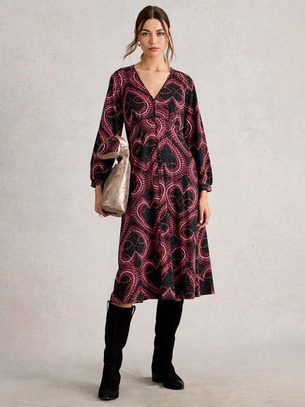 White Stuff Sparkled Heart Design Cotton Blend Midi Dress, Black/Multi