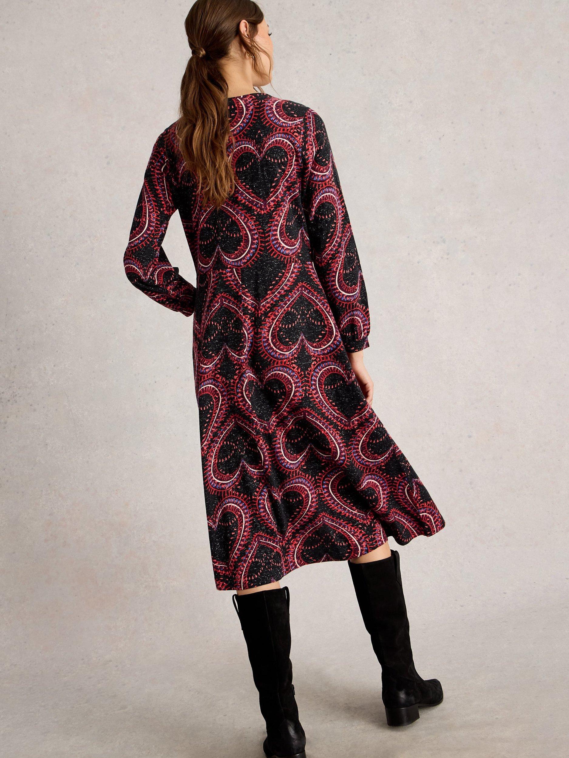 Product image 2 of 6, which shows White Stuff Sparkled Heart Design Cotton Blend Midi Dress, Black/Multi, 6