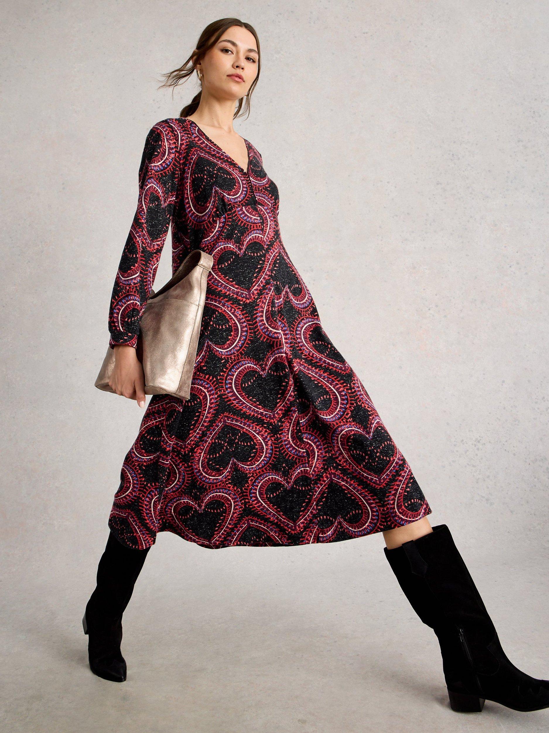 Product image 4 of 6, which shows White Stuff Sparkled Heart Design Cotton Blend Midi Dress, Black/Multi, 6
