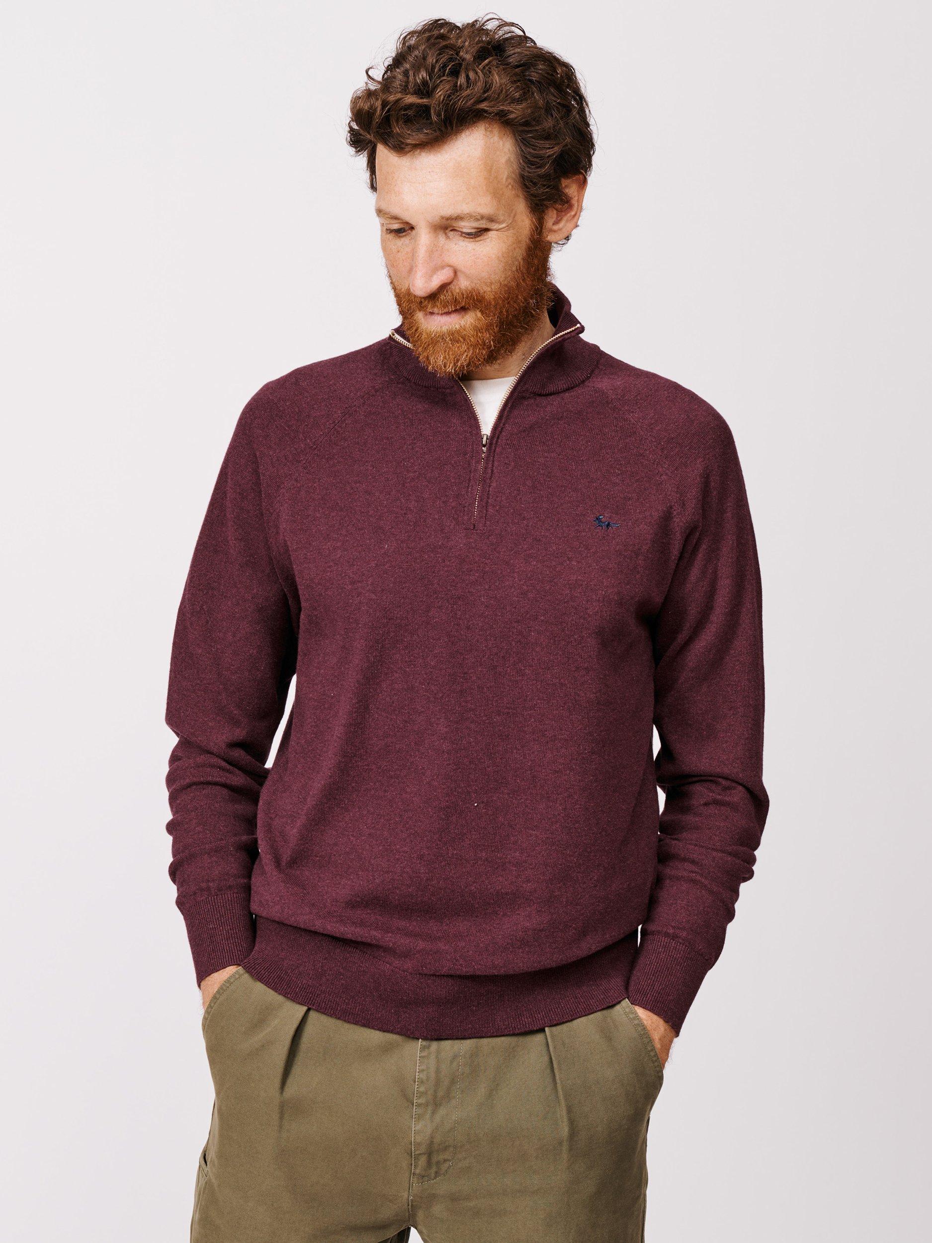 Product image 1 of 6, which shows Aubin Bonby Zip Neck Cotton Jumper, Red, L