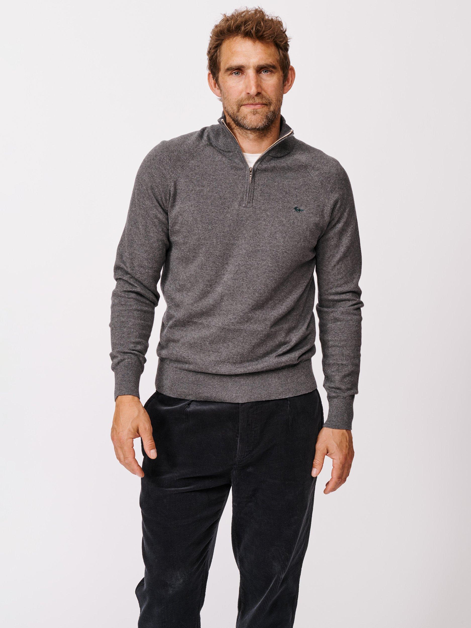 Product image 1 of 6, which shows Aubin Bonby Zip Neck Cotton Jumper, Charcoal, S