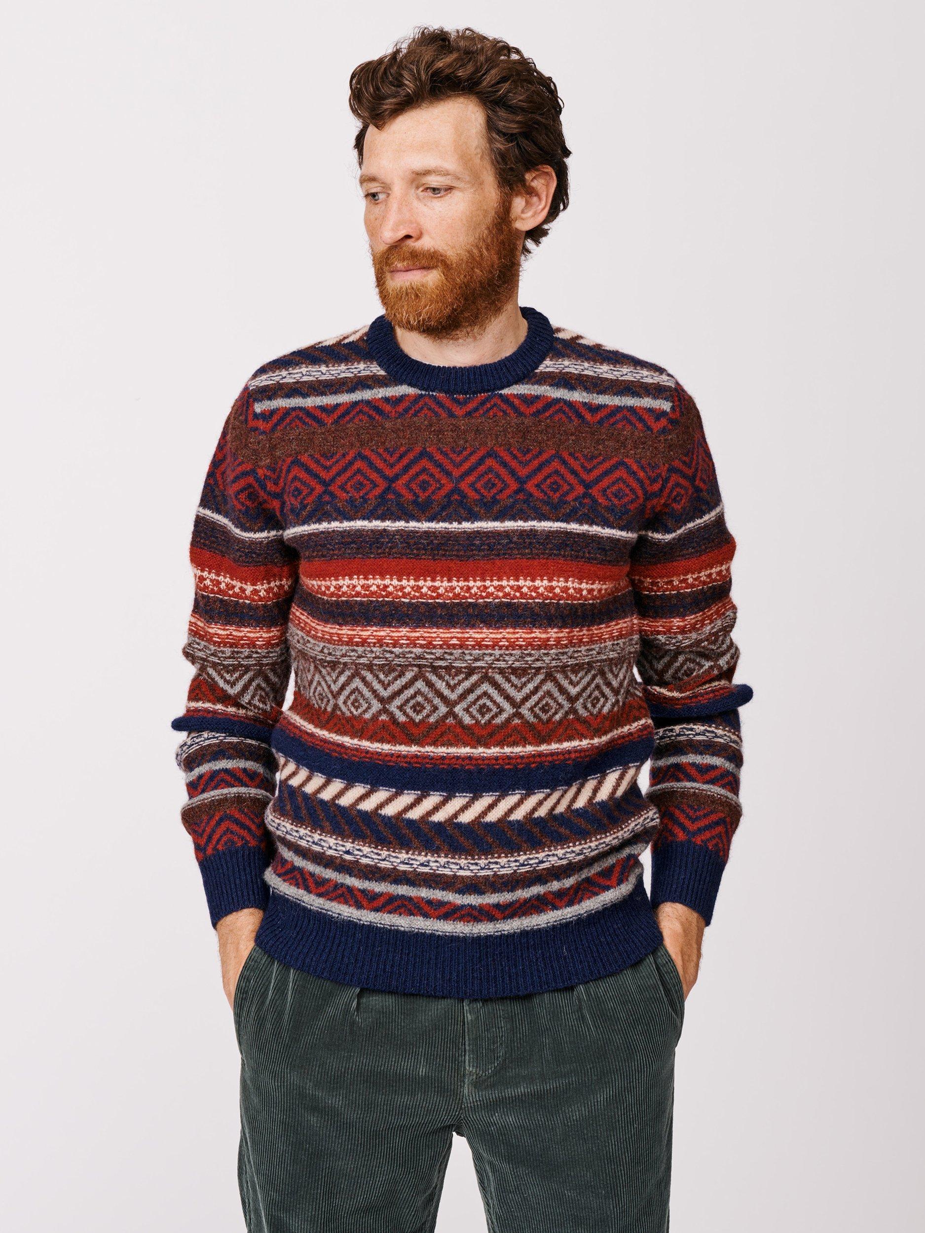 Product image 1 of 5, which shows Aubin Fairisle Crew Neck Wool Jumper, Navy/Red, XL