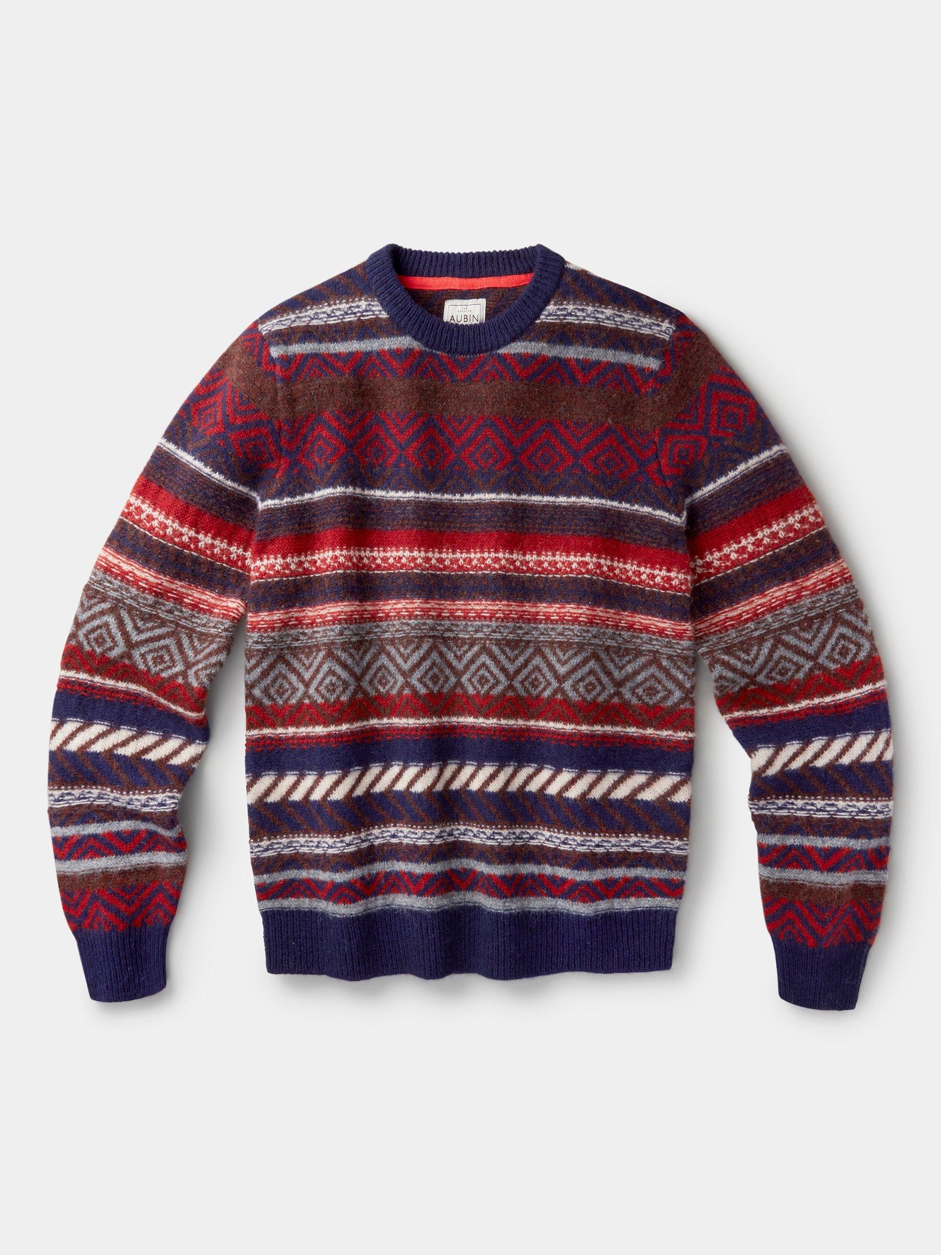 Product image 5 of 5, which shows Aubin Fairisle Crew Neck Wool Jumper, Navy/Red, XL