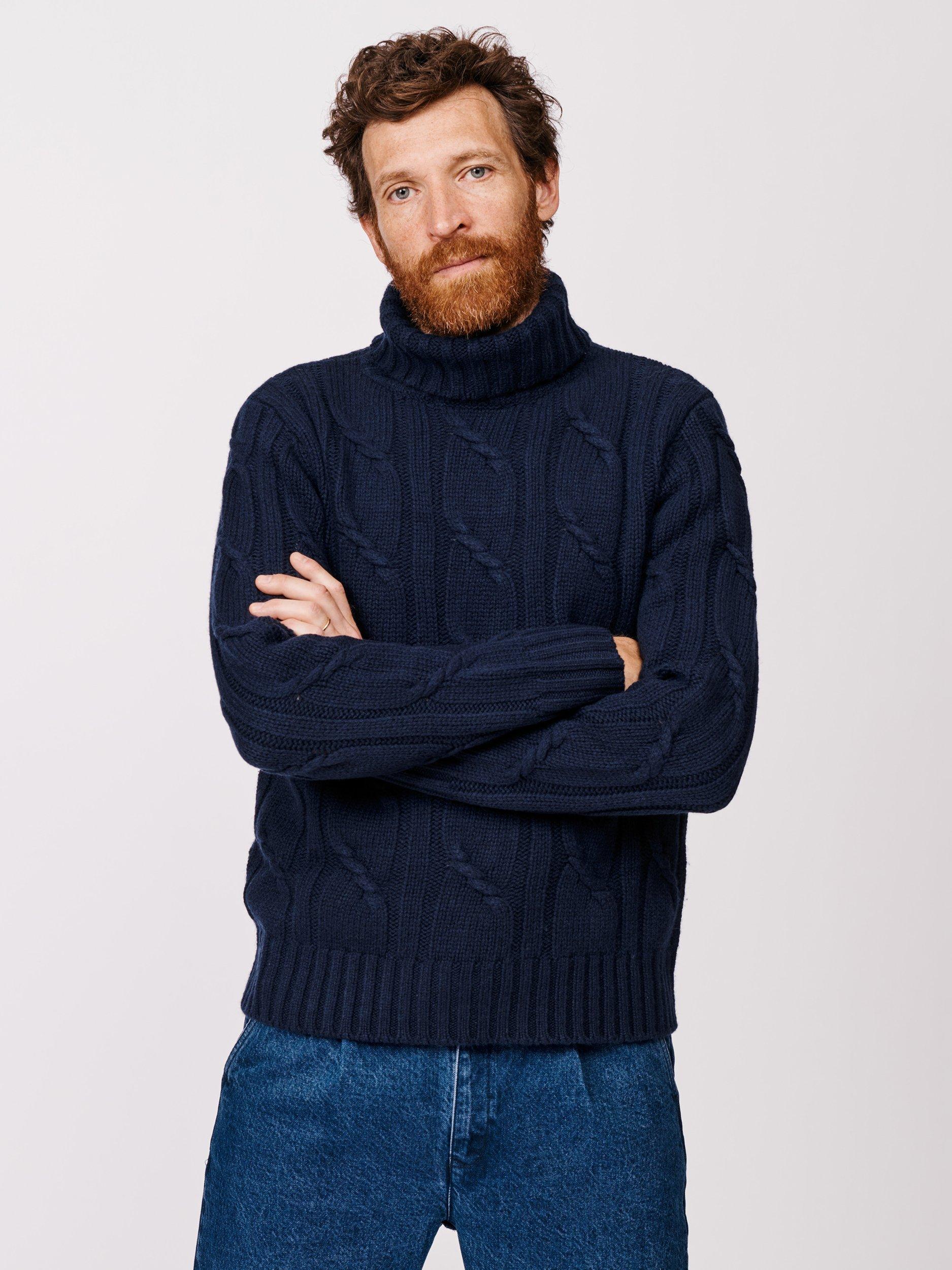 Product image 1 of 5, which shows Aubin Grassmore Cable Knit Roll Neck Jumper, Navy, M