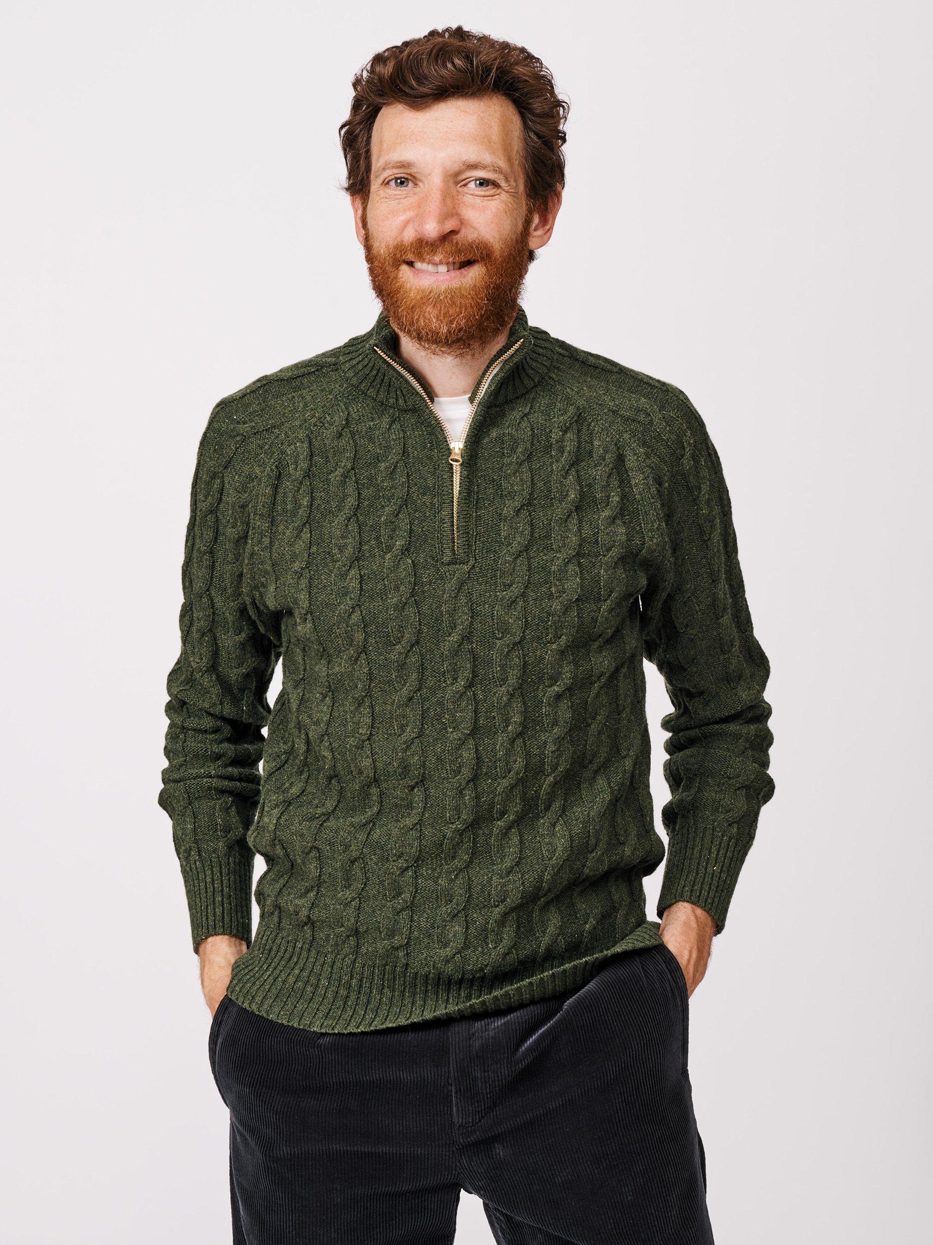 Product image 1 of 5, which shows Aubin Holland Cable Knit Wool Zip Jumper, Dark Khaki, S