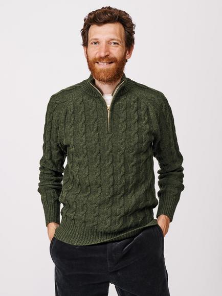 Aubin Holland Cable Knit Wool Zip Jumper, Dark Khaki, Dark Khaki