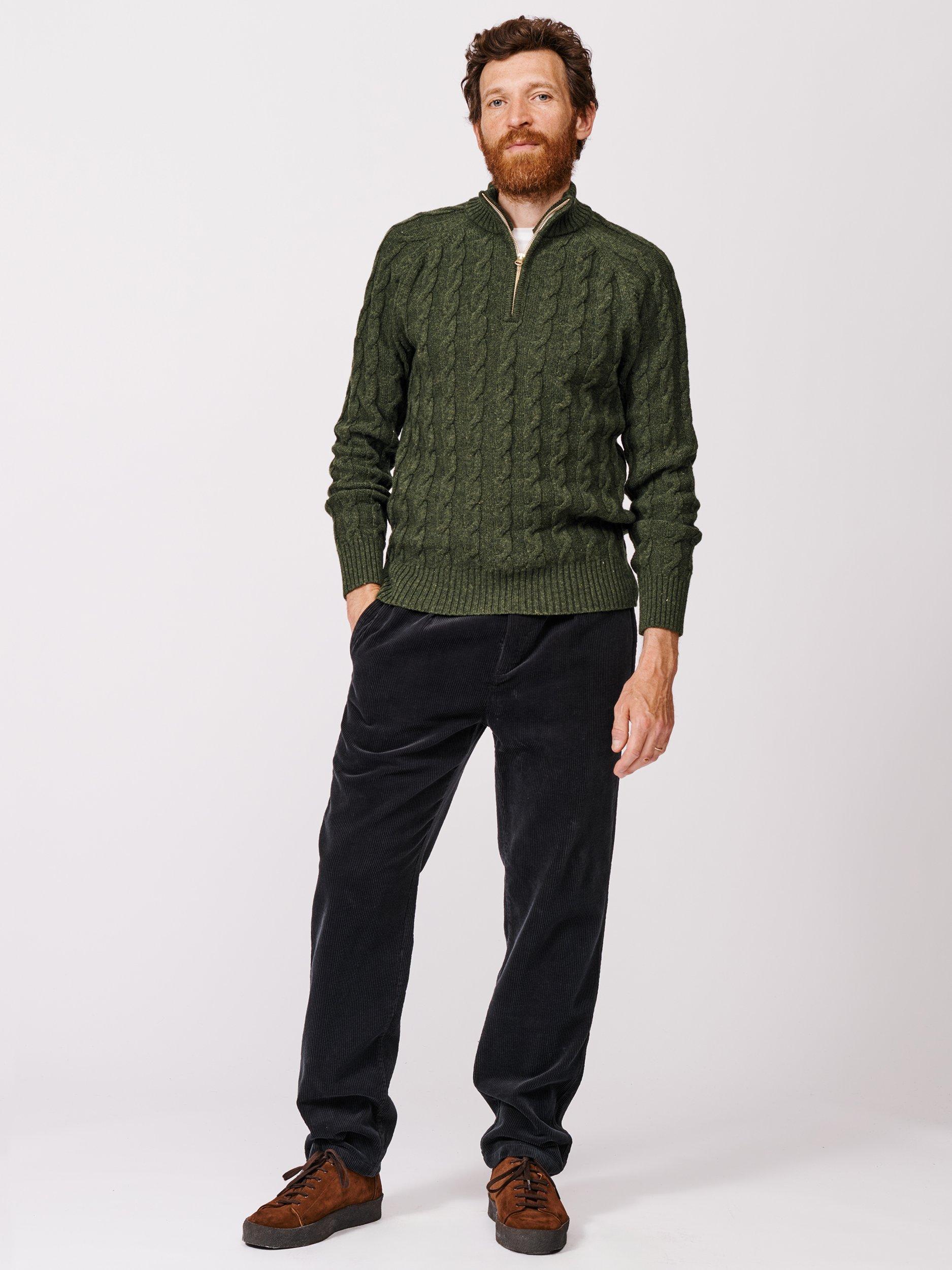 Product image 3 of 5, which shows Aubin Holland Cable Knit Wool Zip Jumper, Dark Khaki, S