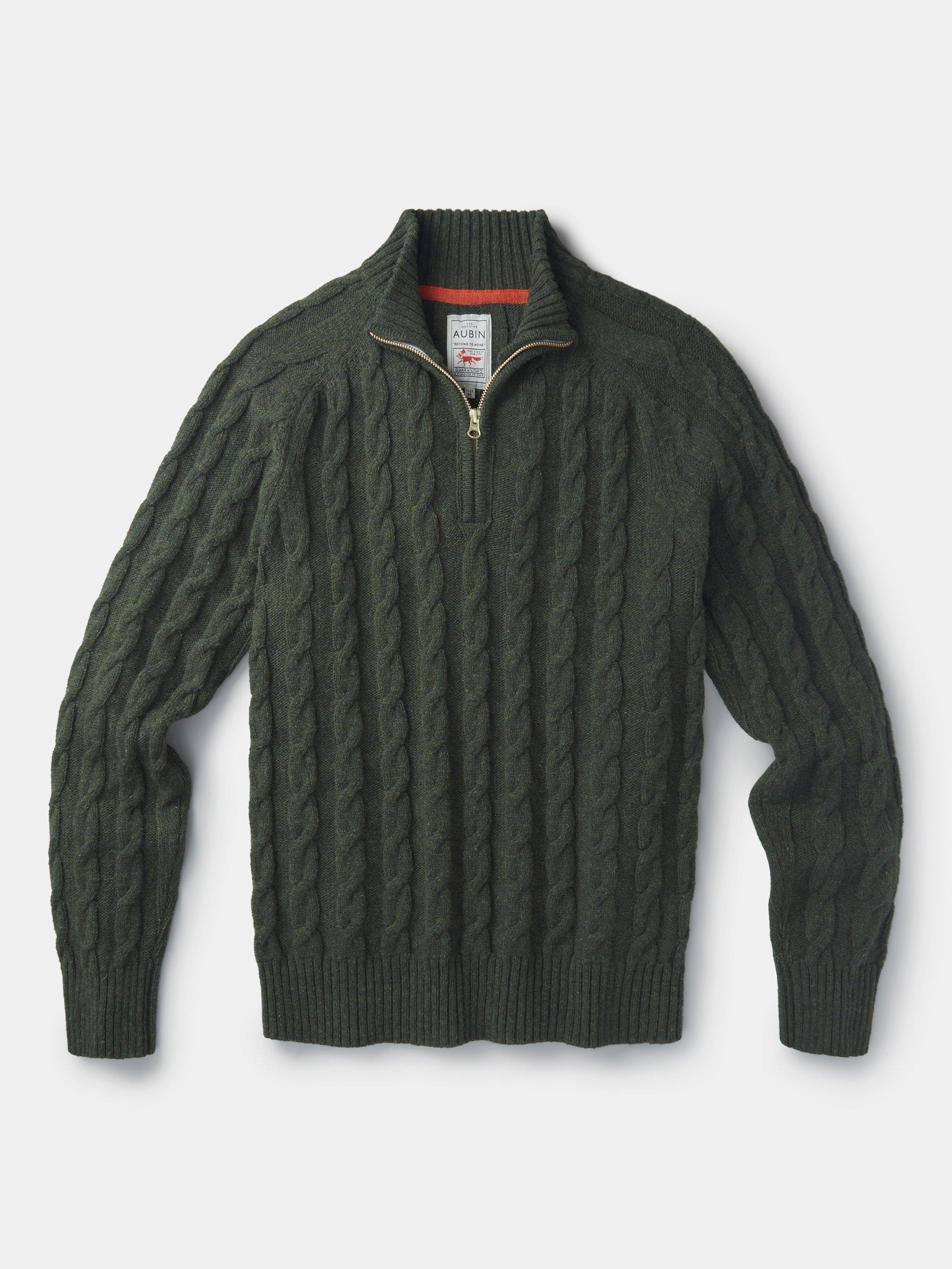 Product image 5 of 5, which shows Aubin Holland Cable Knit Wool Zip Jumper, Dark Khaki, S