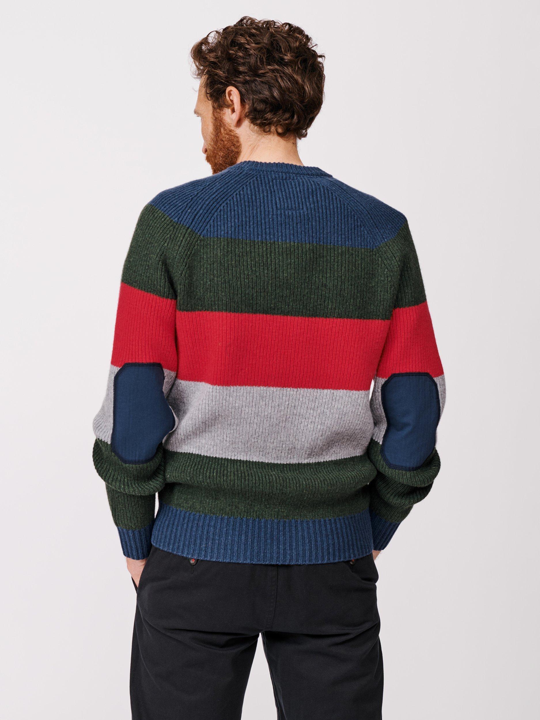 Product image 2 of 6, which shows Aubin Pitt Block Stripe Wool Crew Neck Jumper, Grey/Multi, M