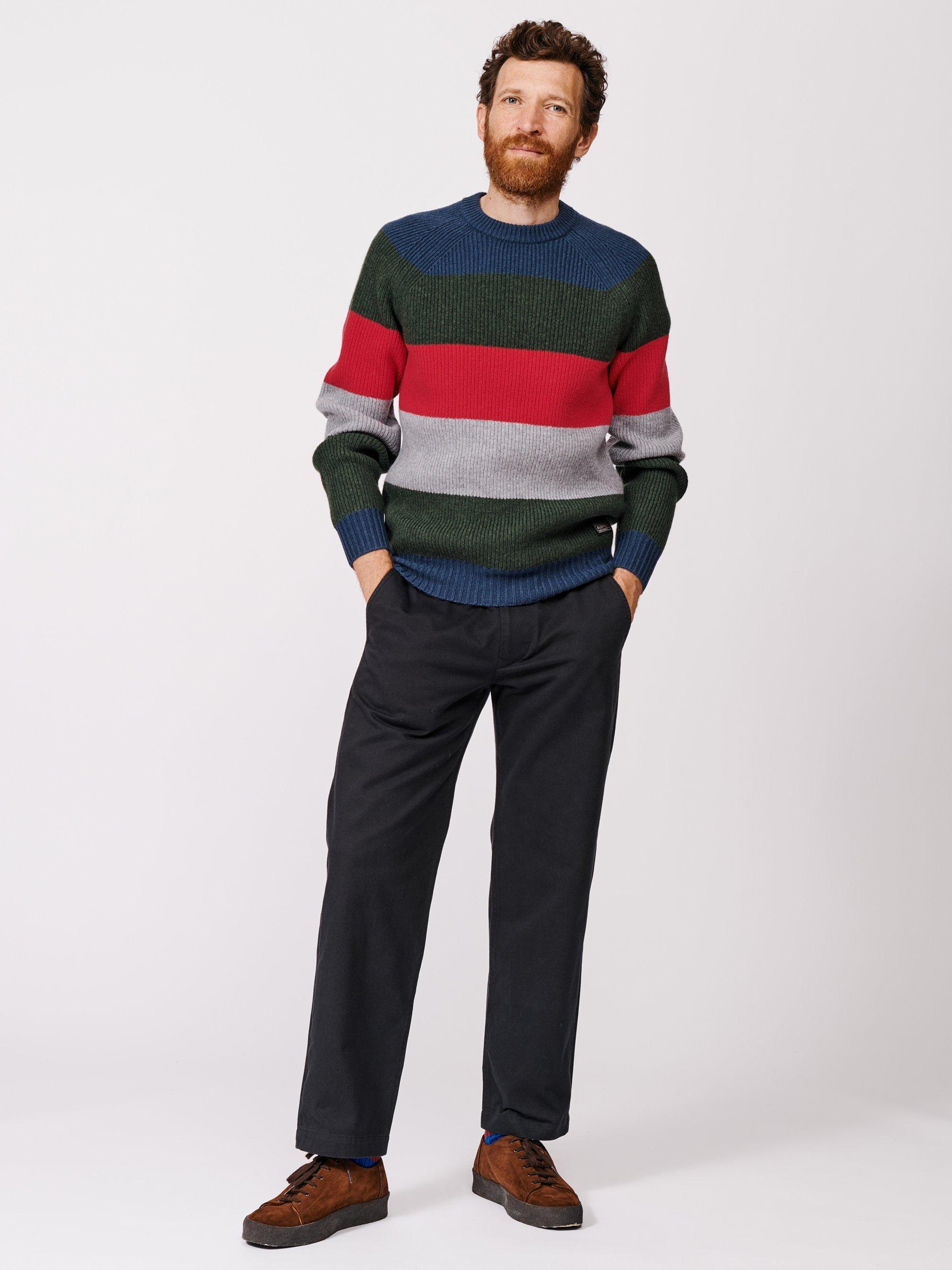 Product image 3 of 6, which shows Aubin Pitt Block Stripe Wool Crew Neck Jumper, Grey/Multi, M