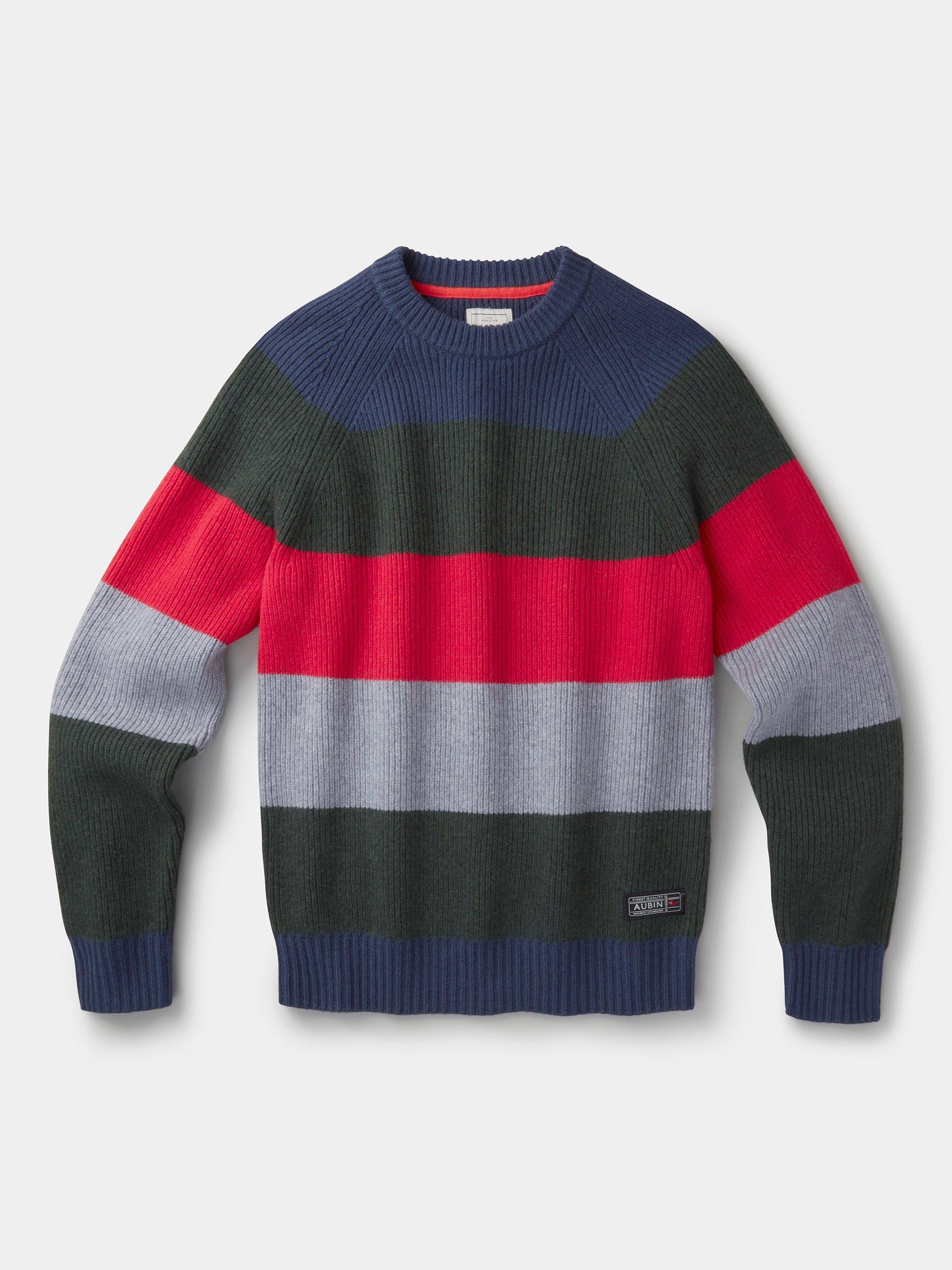 Product image 6 of 6, which shows Aubin Pitt Block Stripe Wool Crew Neck Jumper, Grey/Multi, M