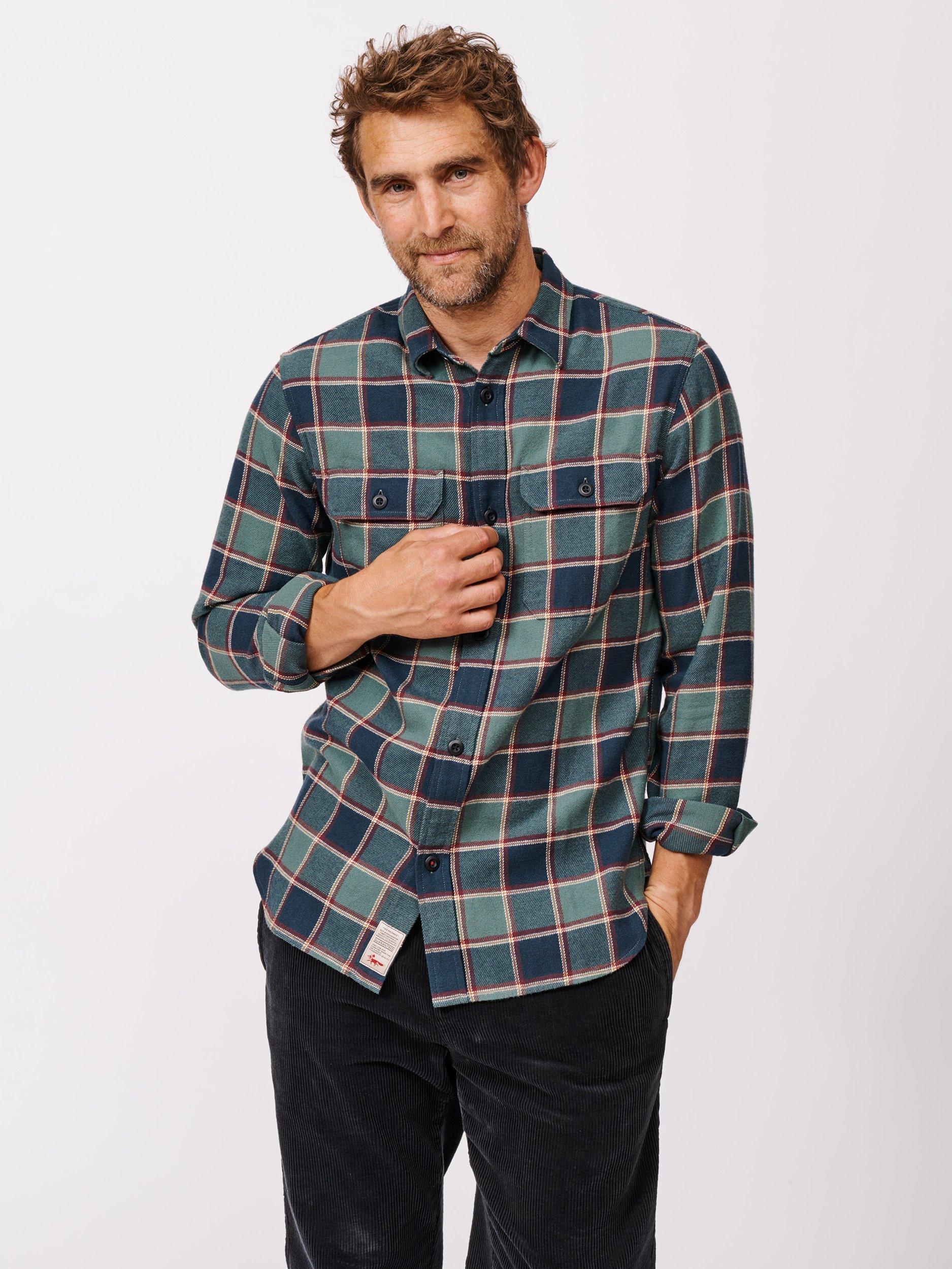 Product image 1 of 5, which shows Aubin Crowle Cotton Check Long Sleeve Collar Shirt, Dark Green, S