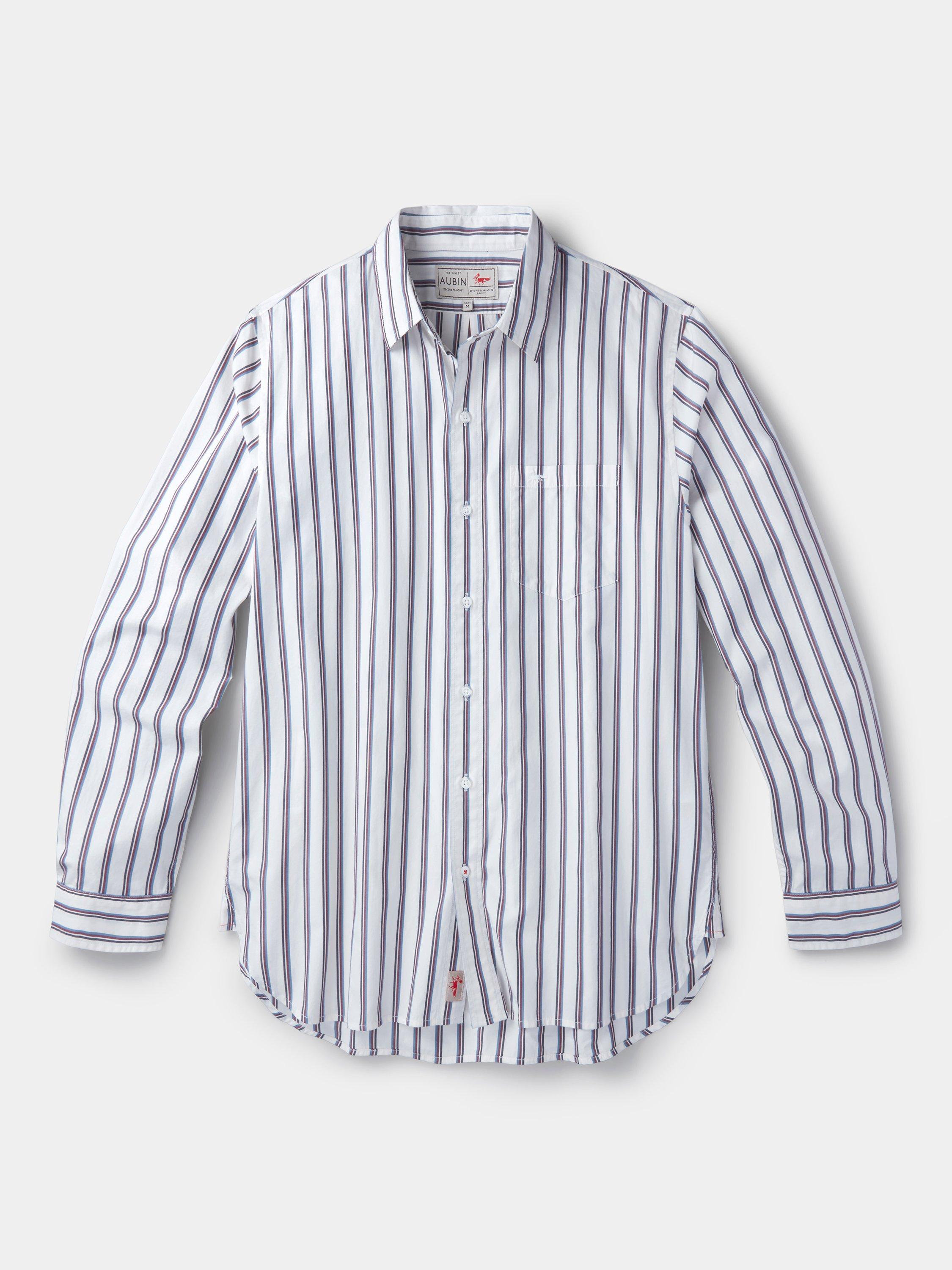Product image 6 of 6, which shows Aubin Gladstone Stripe Poplin Shirt, Navy/Port, M