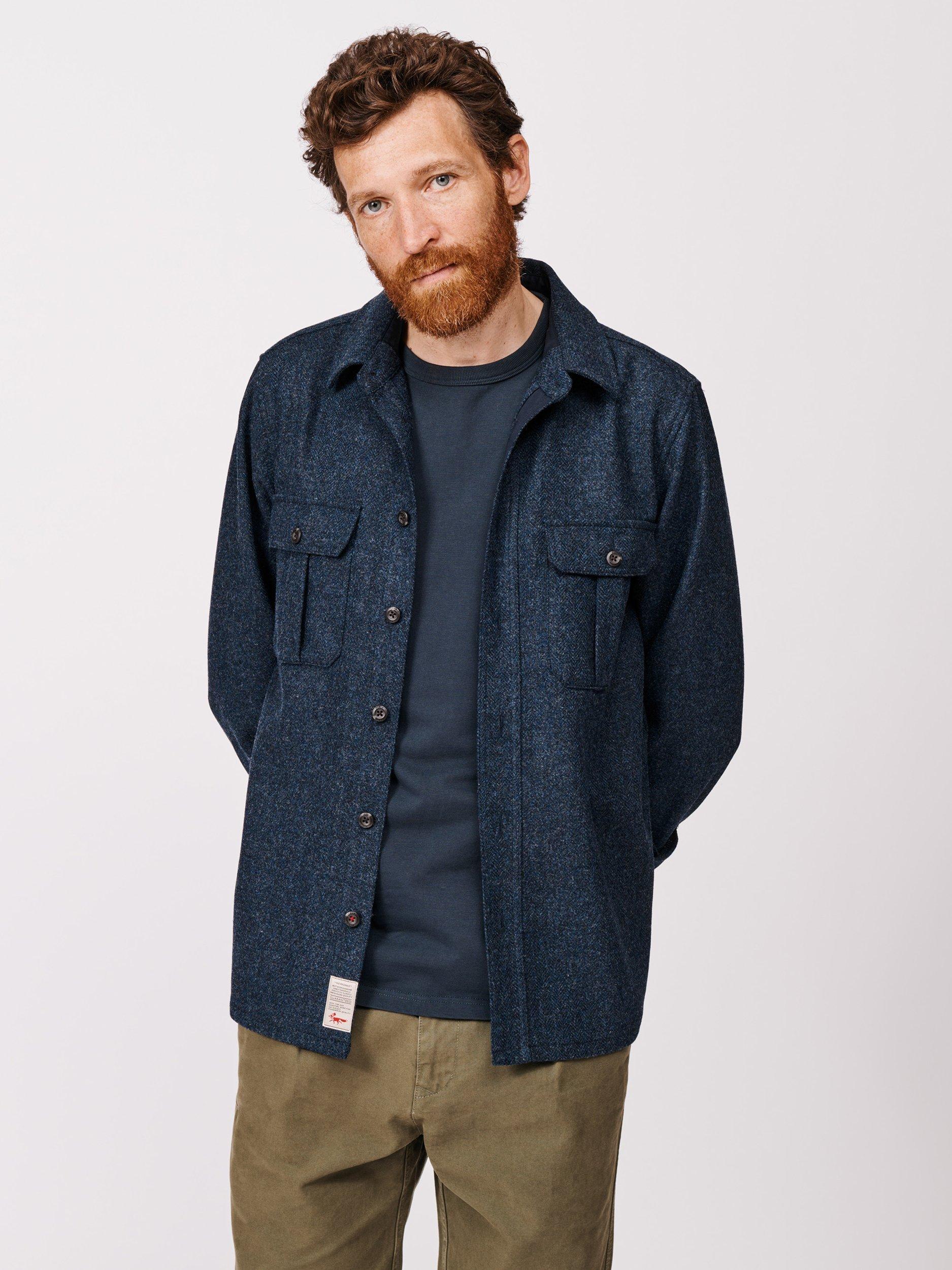 Product image 1 of 7, which shows Aubin Ravendale Wool Regular Fit Herringbone Overshirt, Navy, S