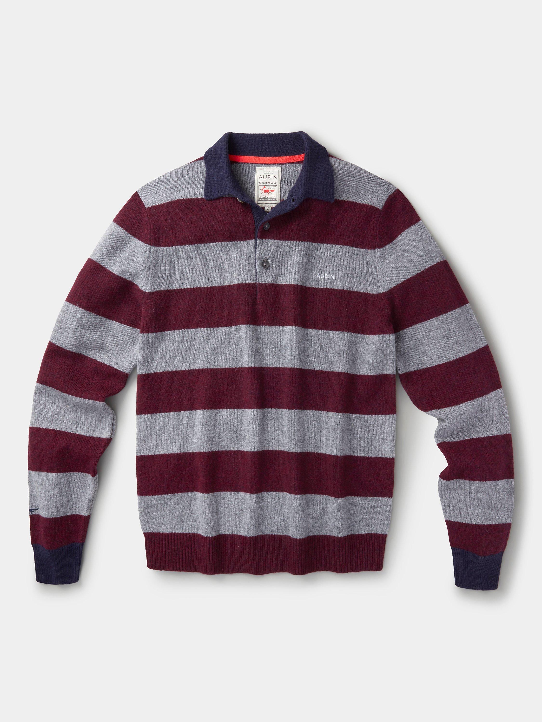 Aubin Belmont Knitted Rugby Top, Grey Marl/Burgundy Stripe