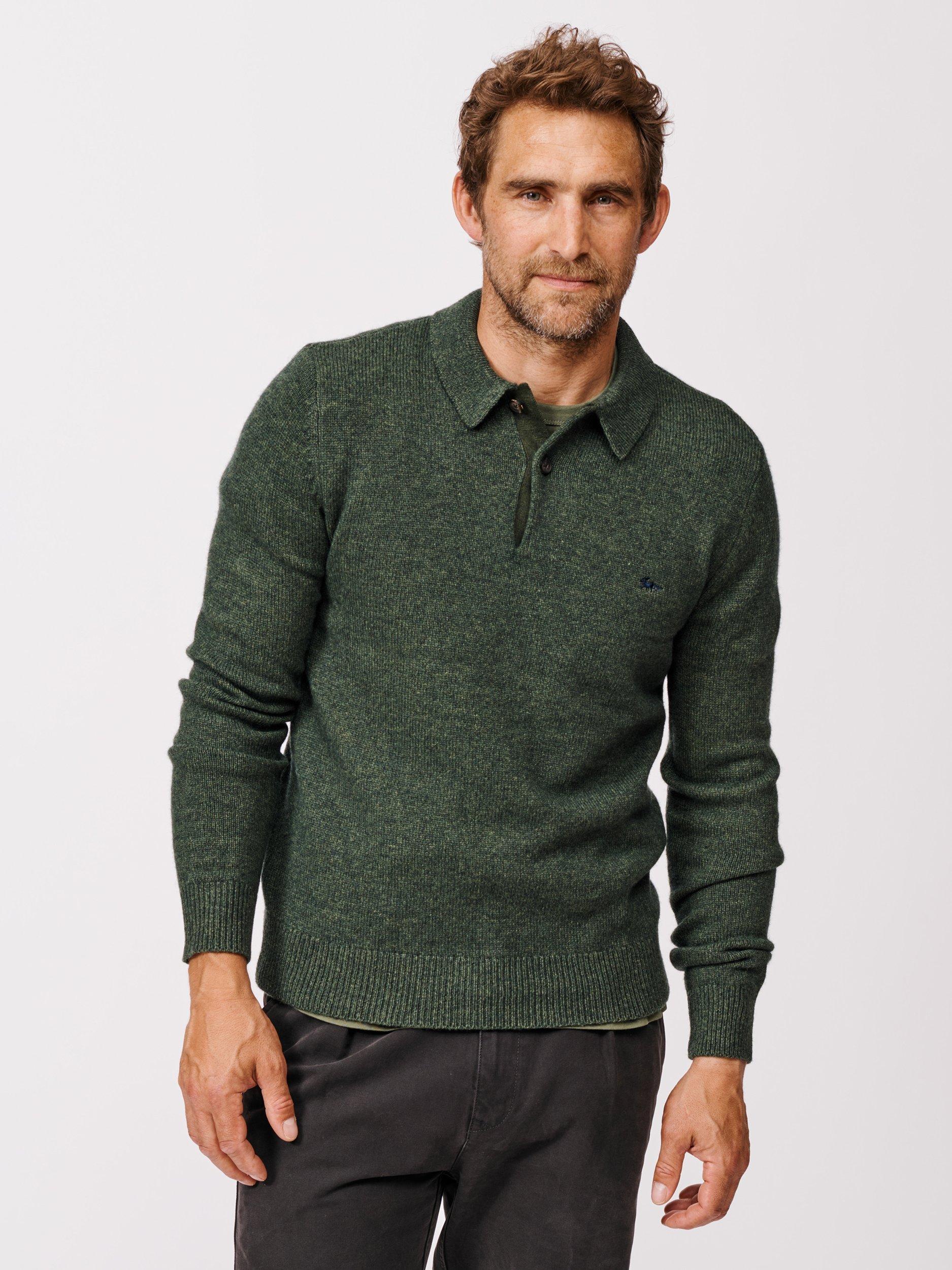 Product image 1 of 5, which shows Aubin Shore Wool Blend Long Sleeve Polo Shirt, Khaki, S