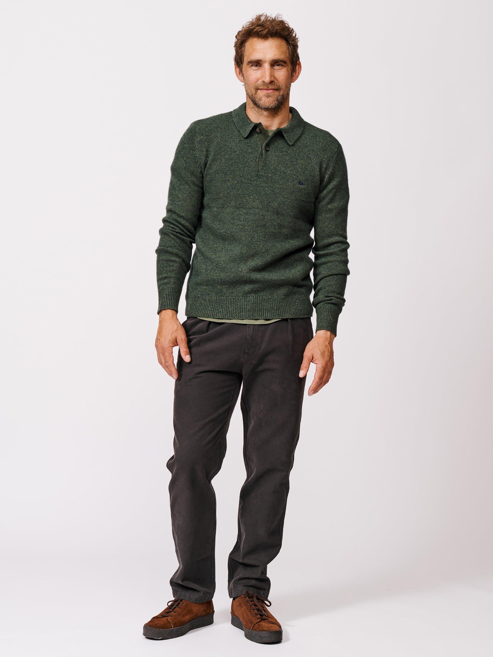 Product image 3 of 5, which shows Aubin Shore Wool Blend Long Sleeve Polo Shirt, Khaki, S