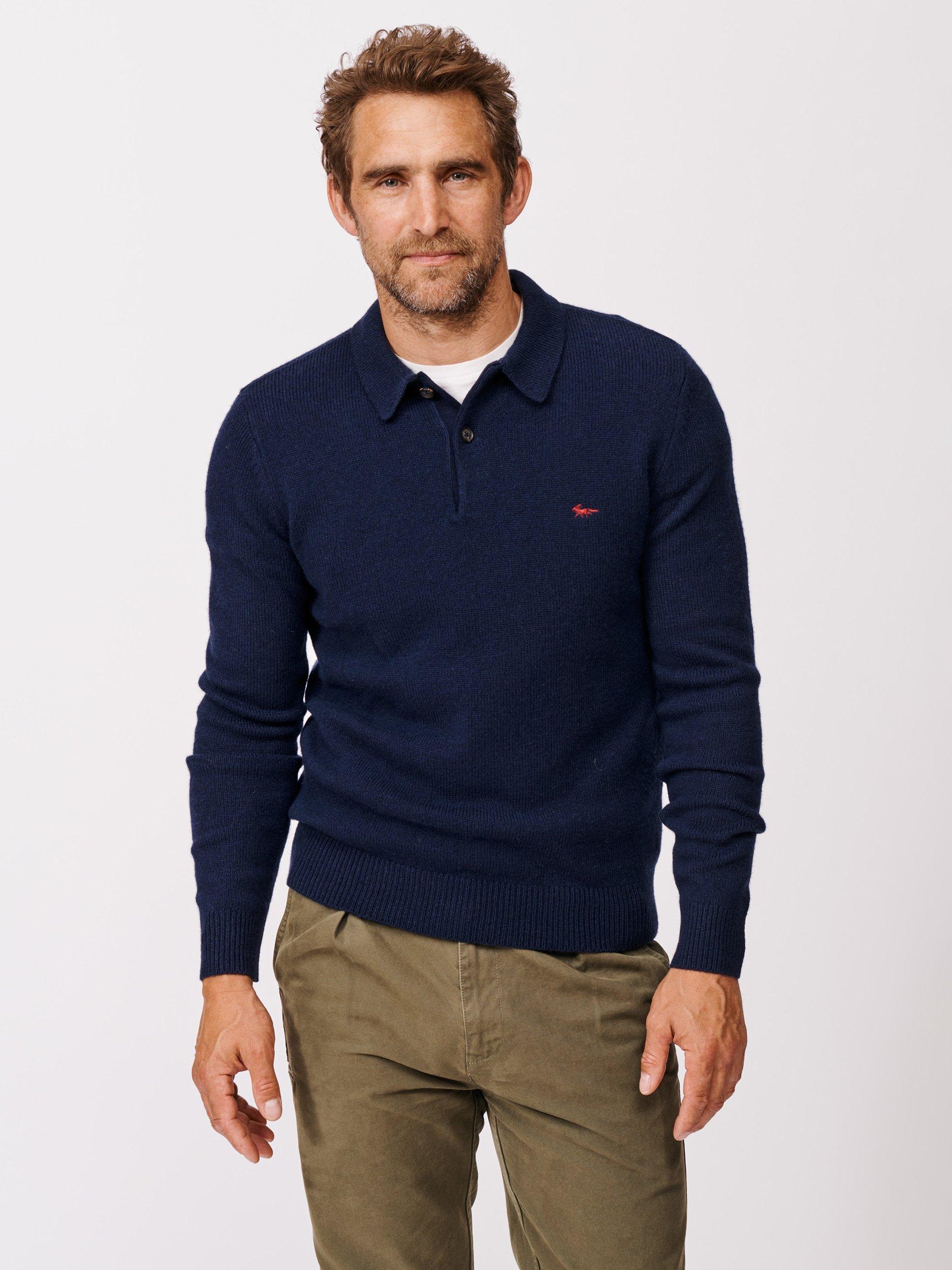 Product image 1 of 5, which shows Aubin Shore Wool Blend Long Sleeve Polo Shirt, Navy, S