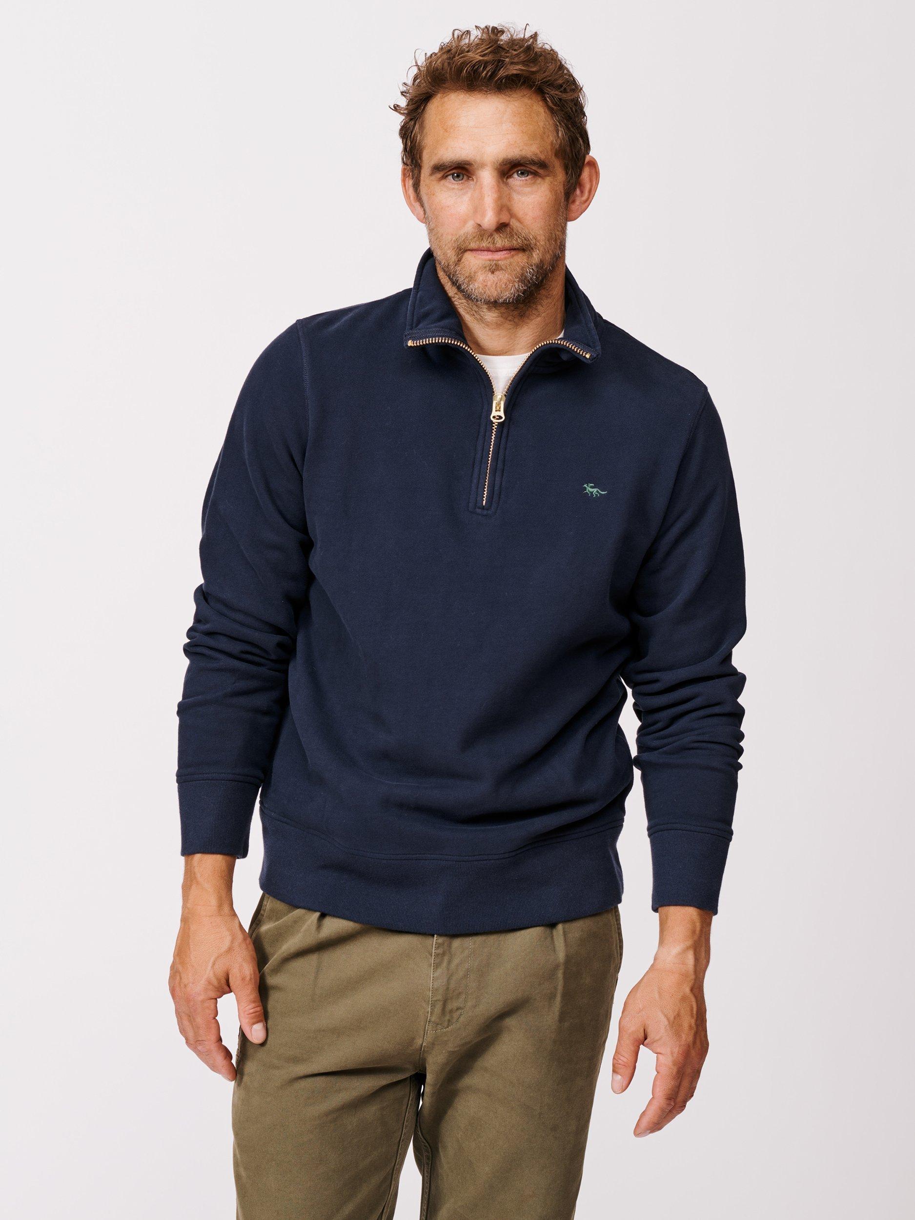 Product image 1 of 5, which shows Aubin Harris Cotton Zip Neck Jersey Top, Navy, S