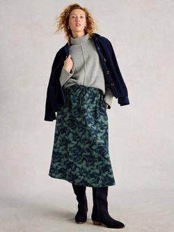 White Stuff Tilly Leaves Print Mid Rise Organic Cotton Midi Skirt, Navy