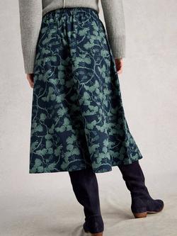 White Stuff Tilly Leaves Print Mid Rise Organic Cotton Midi Skirt - view 2, Navy