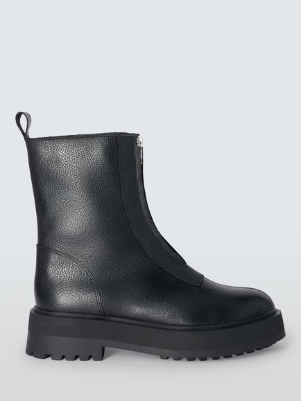 John Lewis Portland Leather Zip Front Flatform Ankle Boots, Black