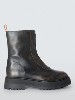 John Lewis Portland Leather Zip Front Flatform Ankle Boots, Dark Brown