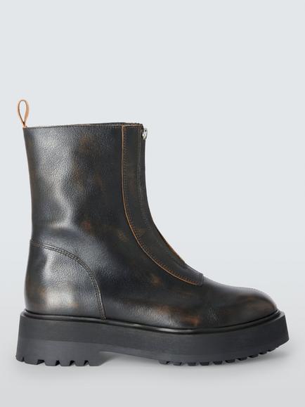 John Lewis Portland Leather Zip Front Flatform Ankle Boots, Dark Brown